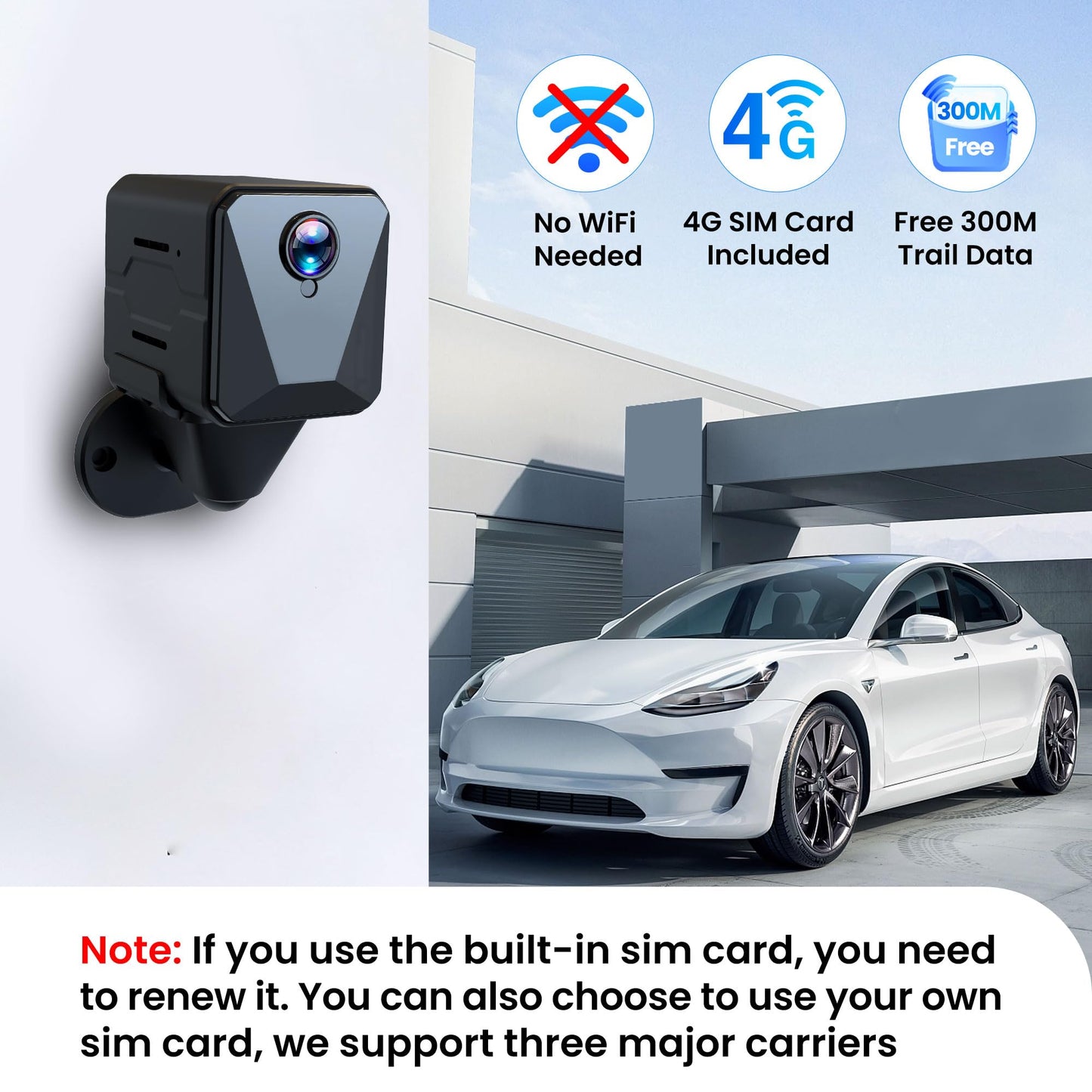 Funstorm No WiFi Security Camera-2k Cellular Security Camera-Car Security Camera with Sim Card, Wireless,Compact,Live View,Motion Detection,Clear