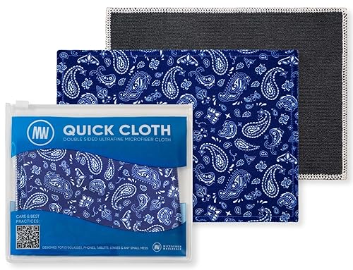 Quick Cloth Microfiber Glasses Cleaning Cloths - 5x7, Paisley Blue, 2 Pack with Case | Double-Sided Lens Cleaner for Eyeglasses, Camera, Screens