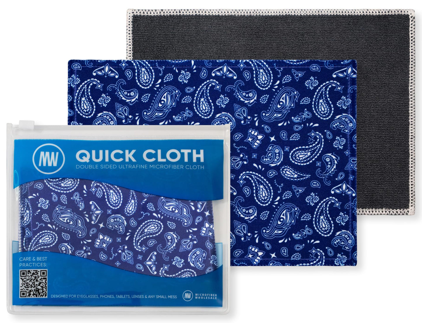 Quick Cloth Microfiber Glasses Cleaning Cloths - 5x7, Paisley Blue, 2 Pack with Case | Double-Sided Lens Cleaner for Eyeglasses, Camera, Screens
