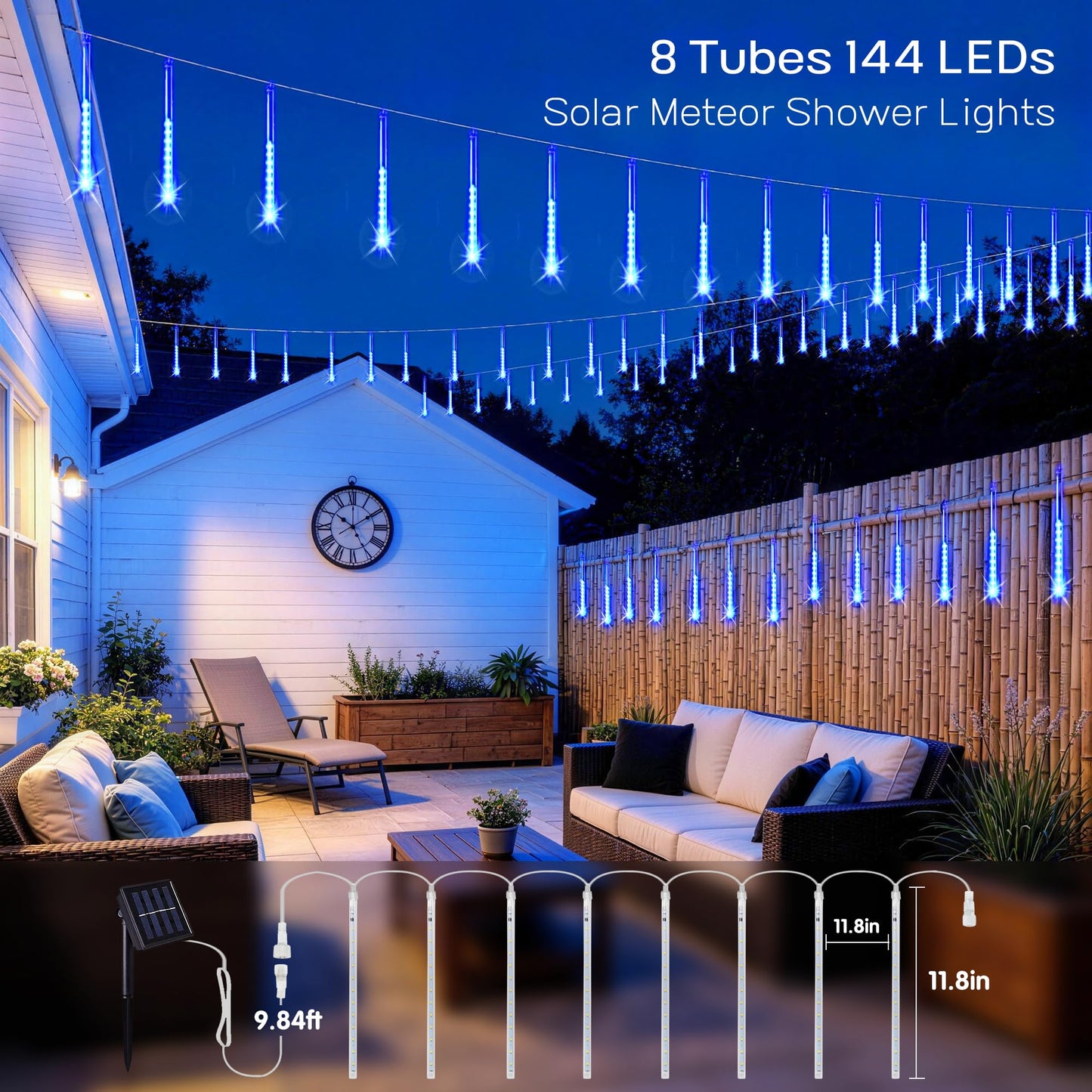JMEXSUSS Solar Lights for Outdoor Decor, 8 Tube 144 LEDs Solar Meteor Shower Lights Outdoor, Hanging Blue Christmas Lights for Tree Yard Icicle Garden