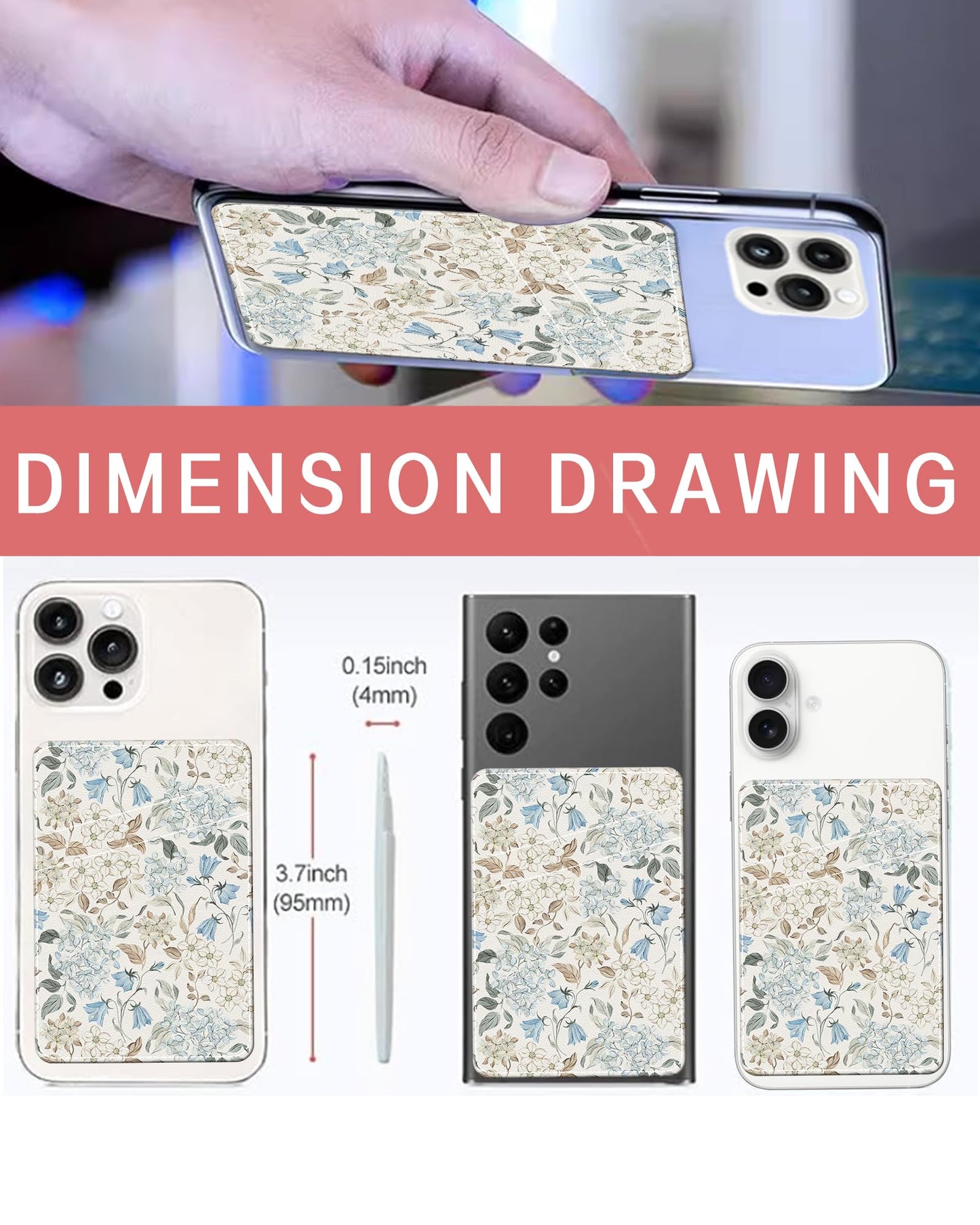 AWHSCP Cute Leather Phone Wallet Stick On, Dual Pocket Credit Card Sticky Wallet, Compatible with Most Cell Phones, Watercolor Flowers