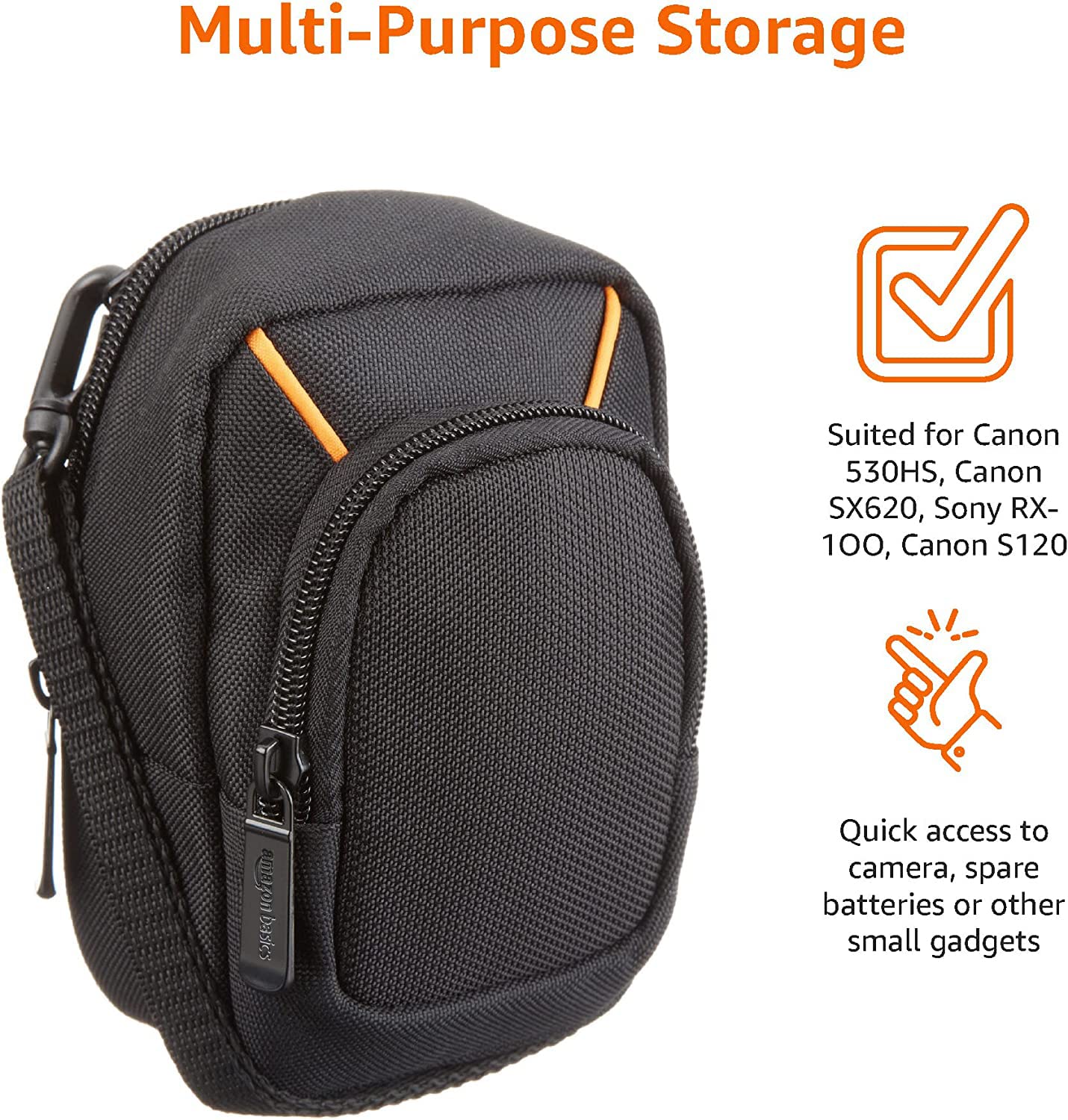 Amazon Basics Large Point and Shoot Padded Camera Case with Adjustable Shoulder Strap, Belt Loop, Interior Dimension 5.2 x 3.2 x 1 inches, Black