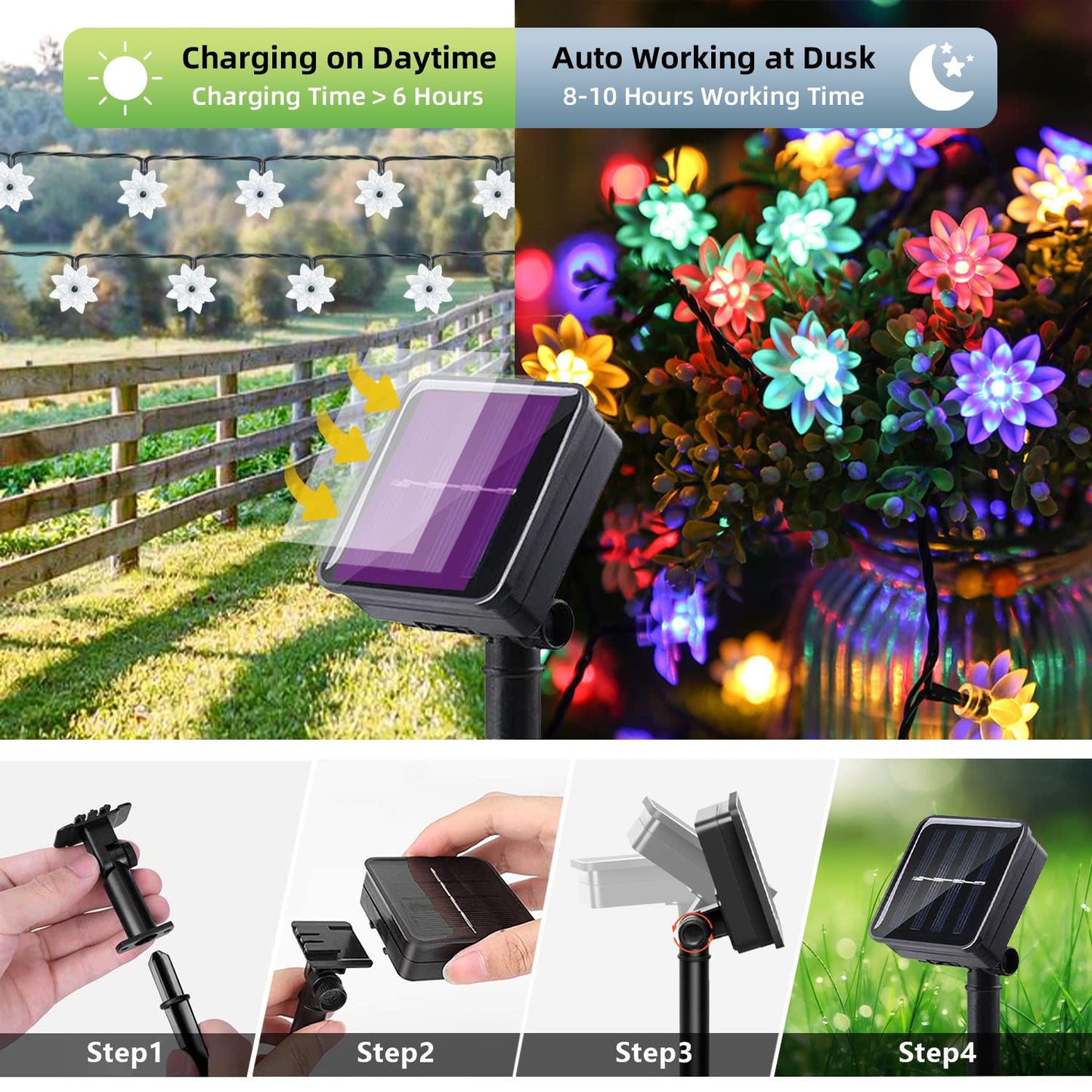 ITICdecor Solar Flower String Lights Outdoor Waterproof 50 LED Solar String Lights for Outside Decorative for Garden Fence Patio Yard Christmas Tree