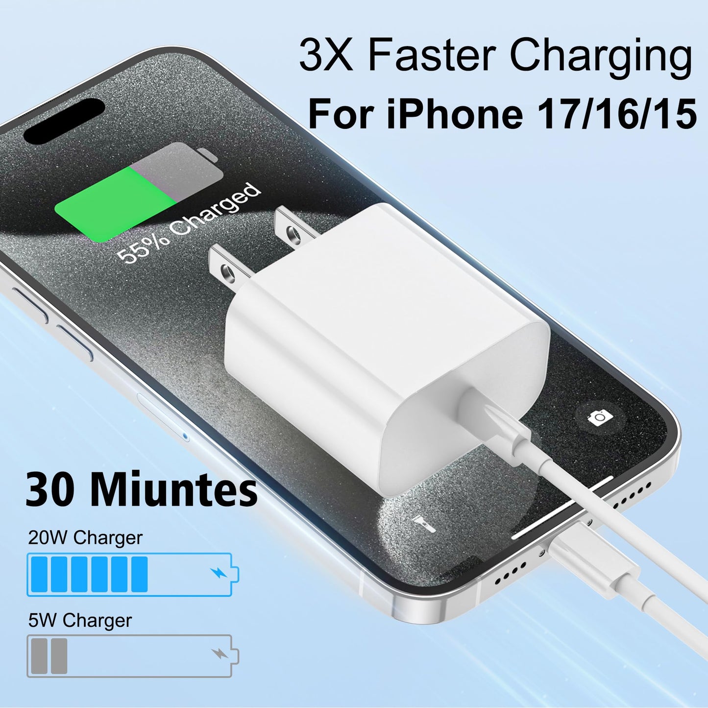 iPhone 17 Charger, 2Pack 20W Type C Charger Fast Charging Block with USB C Charger Cable 6FT for iPhone17/ 17 air/ 17 Pro/ 17 Pro Max, iPhone 16 Pro