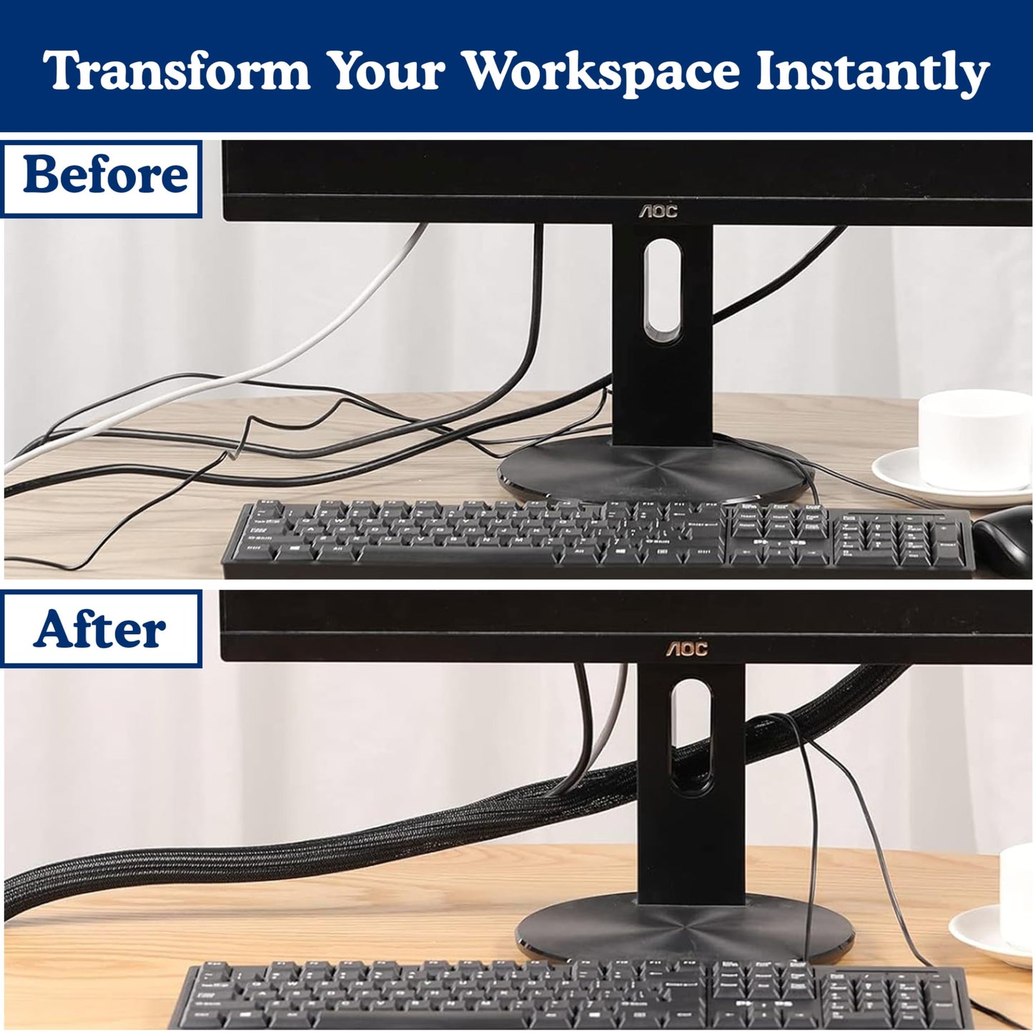 Cable Management Sleeve & Cord Organizer for Desks - Wire Management Cover to Conceal & Protect Messy Cables for Computers, TV & Electronics - 10 ft x