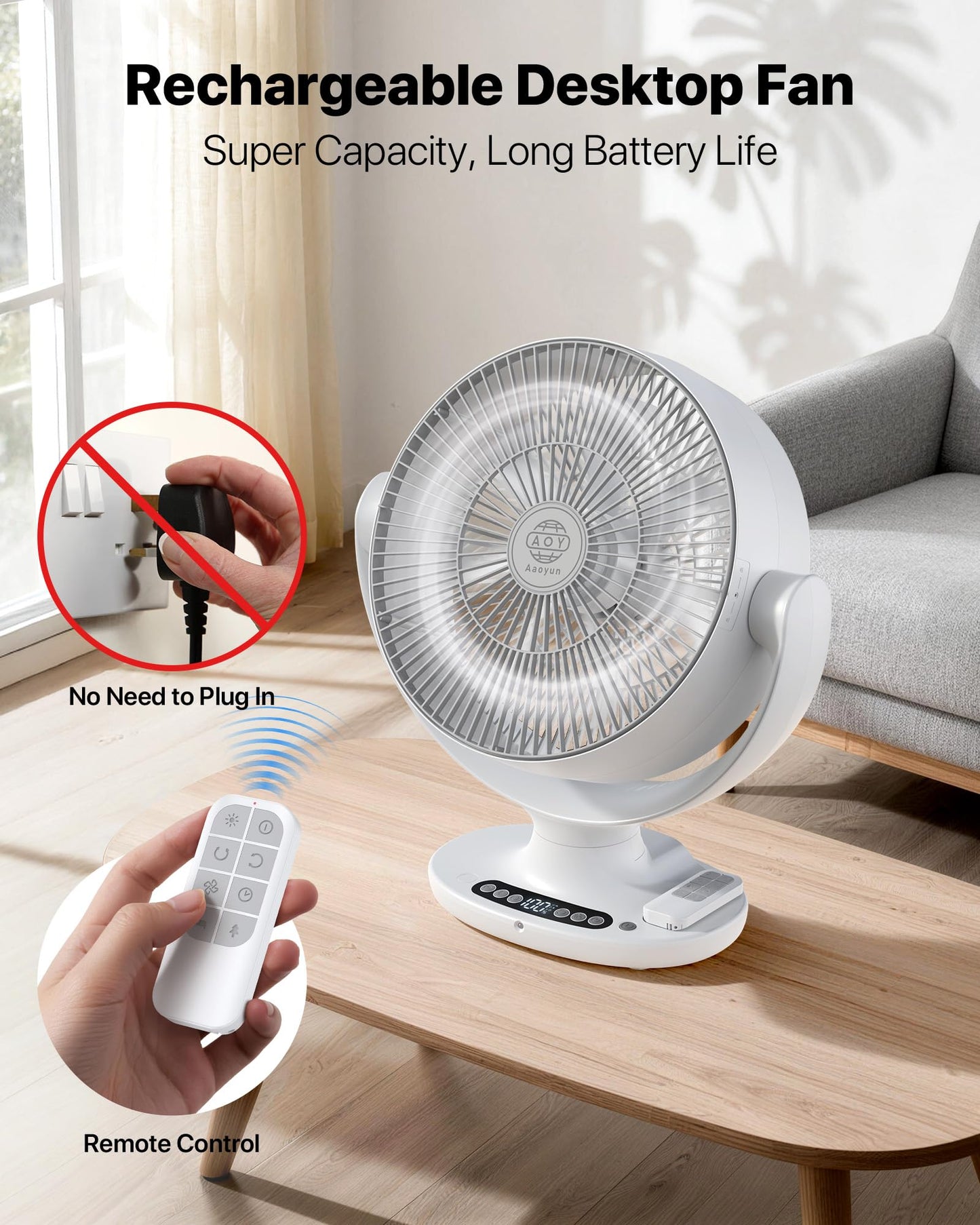 Aaoyun Wireless Desk Fan, 12000mAh Cordless Room Air Circulator with Remote, 3D Oscillating Standing Fan, 8 Speeds, 20dB Quiet Motor, Washable