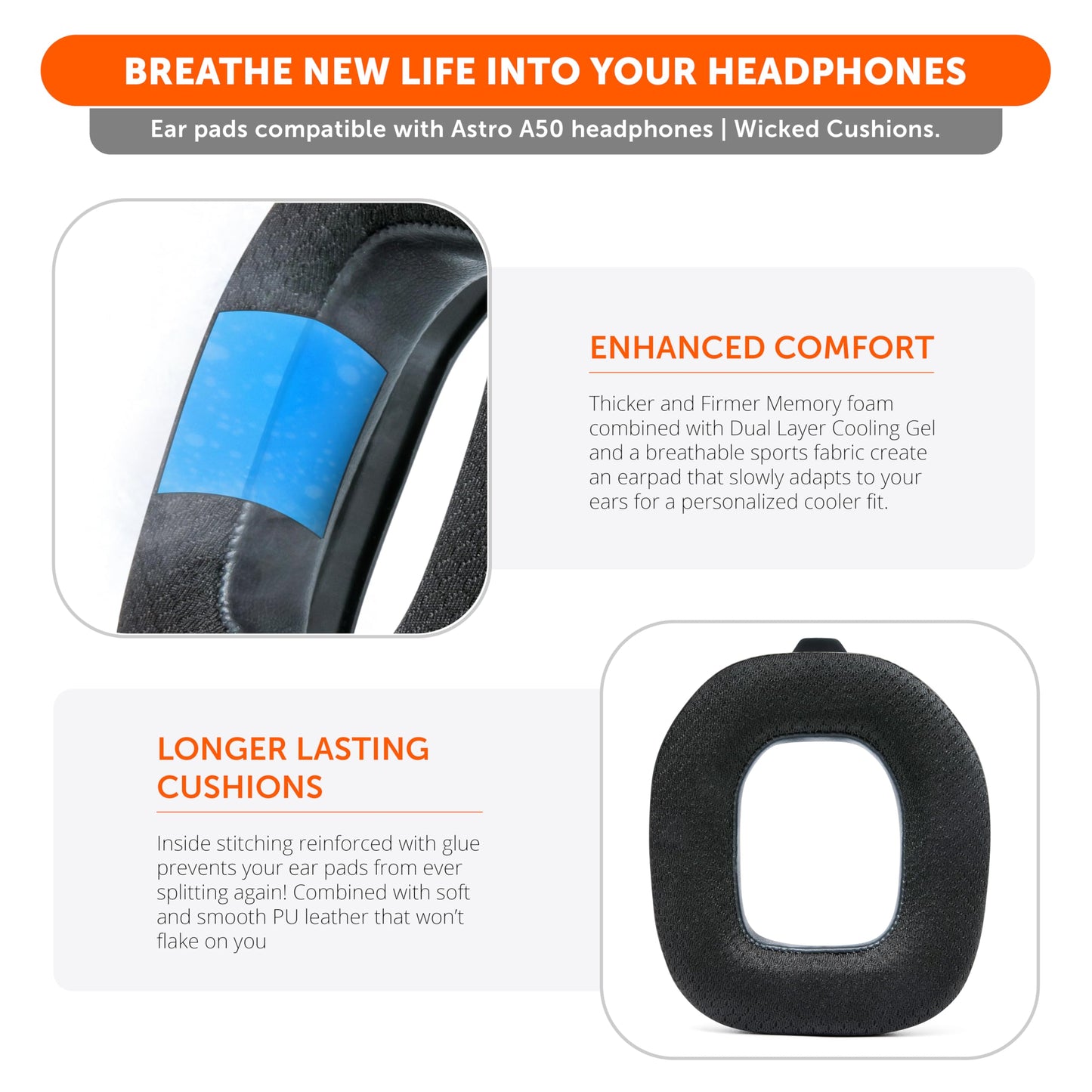 WC Mod Kit A50 - Cooling Gel Earpads + Headband Replacement for Astro A50 Gen 4, Gen 5 & A50X by Wicked Cushions | Enhanced Comfort, Cooling