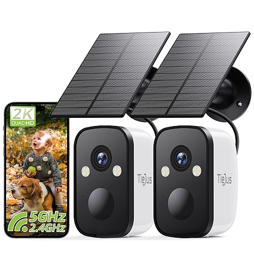 TIEJUS 2K 5G Solar Security Cameras Wireless Outdoor 2-Pack, Wireless Cameras for Home with Full Color Night Vision, PIR Motion Detection, 5G&2.4GHz