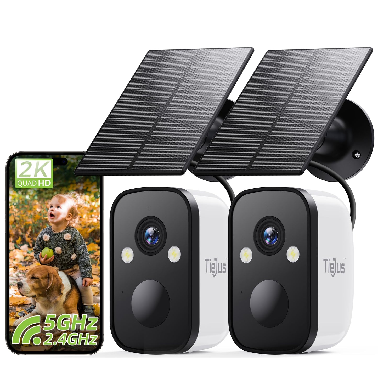 TIEJUS 2K 5G Solar Security Cameras Wireless Outdoor 2-Pack, Wireless Cameras for Home with Full Color Night Vision, PIR Motion Detection, 5G&2.4GHz