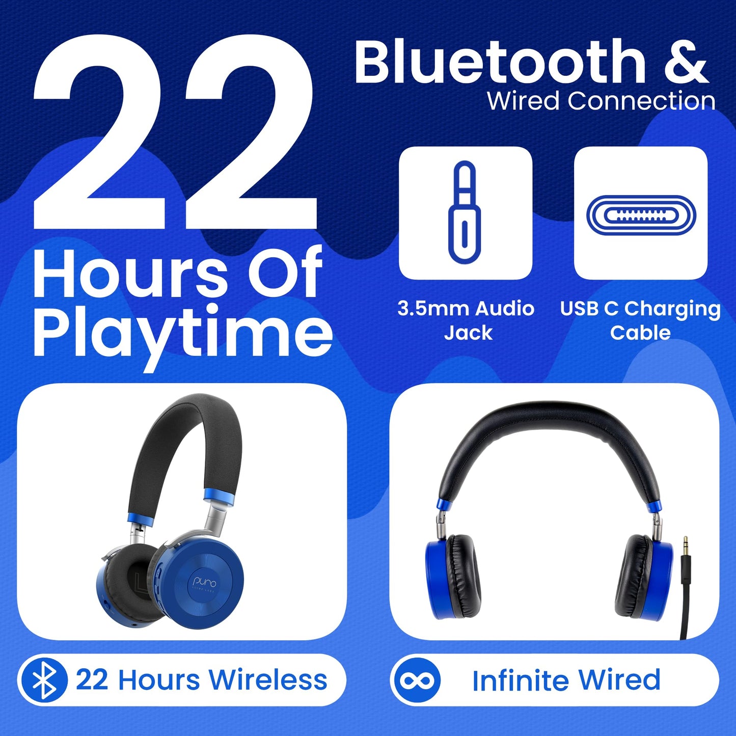 Puro Sound Labs JuniorJam Plus Volume-Limiting Wireless Bluetooth Headphones for Kids, Secure Audio with Adjustable On-Ear Design, 22-Hour Battery