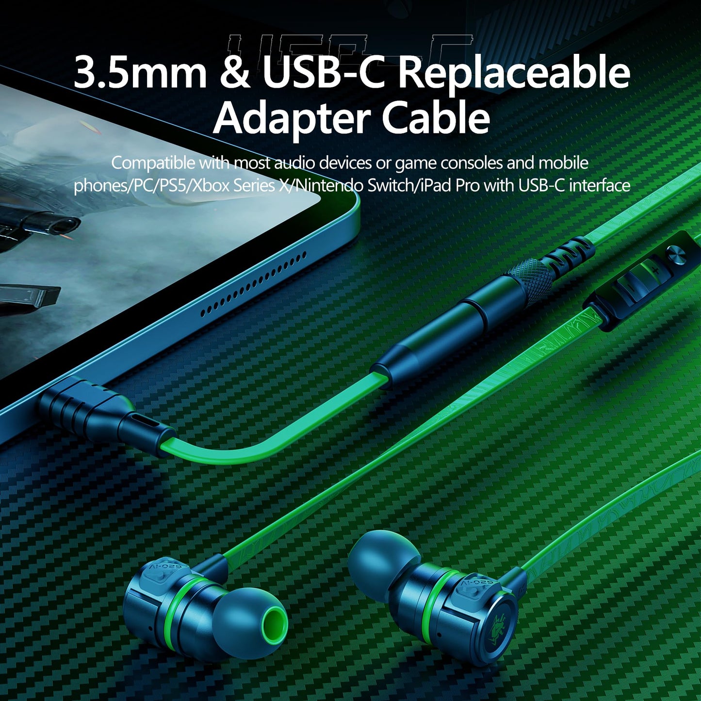 Gaming Earbuds Wired, USB C & 3.5mm Dual Plug in Ear Headphones with Mic and Volume Control for Small Ears, Stereo Bass Noise Isolating Earphones