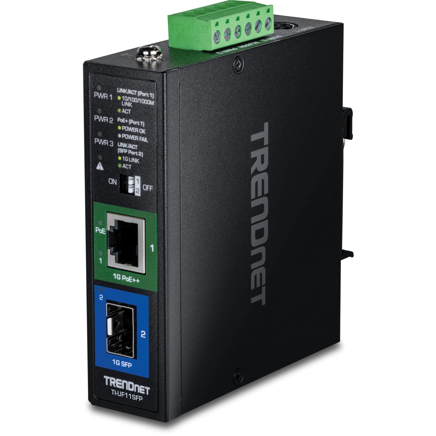 TRENDnet Hardened Industrial SFP to Gigabit UPoE Media Converter, TI-UF11SFP, Up to 95W of Power, NDAA + TAA Compliant, IP50 Rated Housing, Multi or