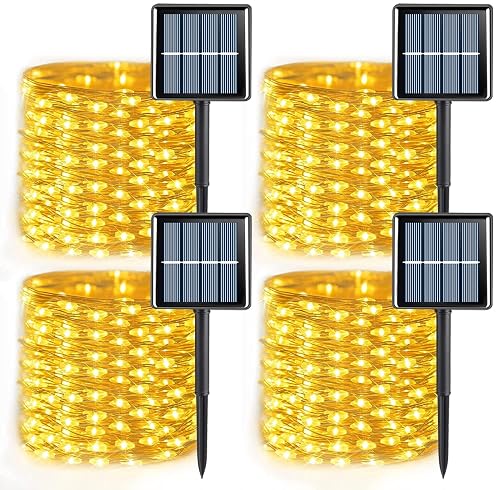 YEGUO 4 Pack Warm White Solar Fairy Lights, Each 33ft 100 LED Christmas Lights Outdoor Waterproof, 8 Modes Sliver Wire Solar String Lights