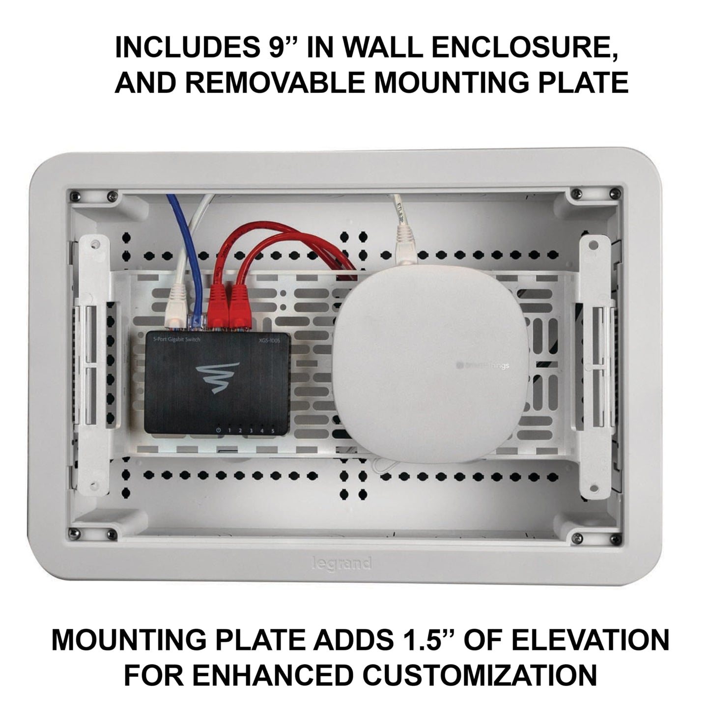 Legrand - OnQ 9" In-Wall Media Box For Device & Cable Management - Structured Wiring Enclosure With Customizable Knockouts - Includes Removable