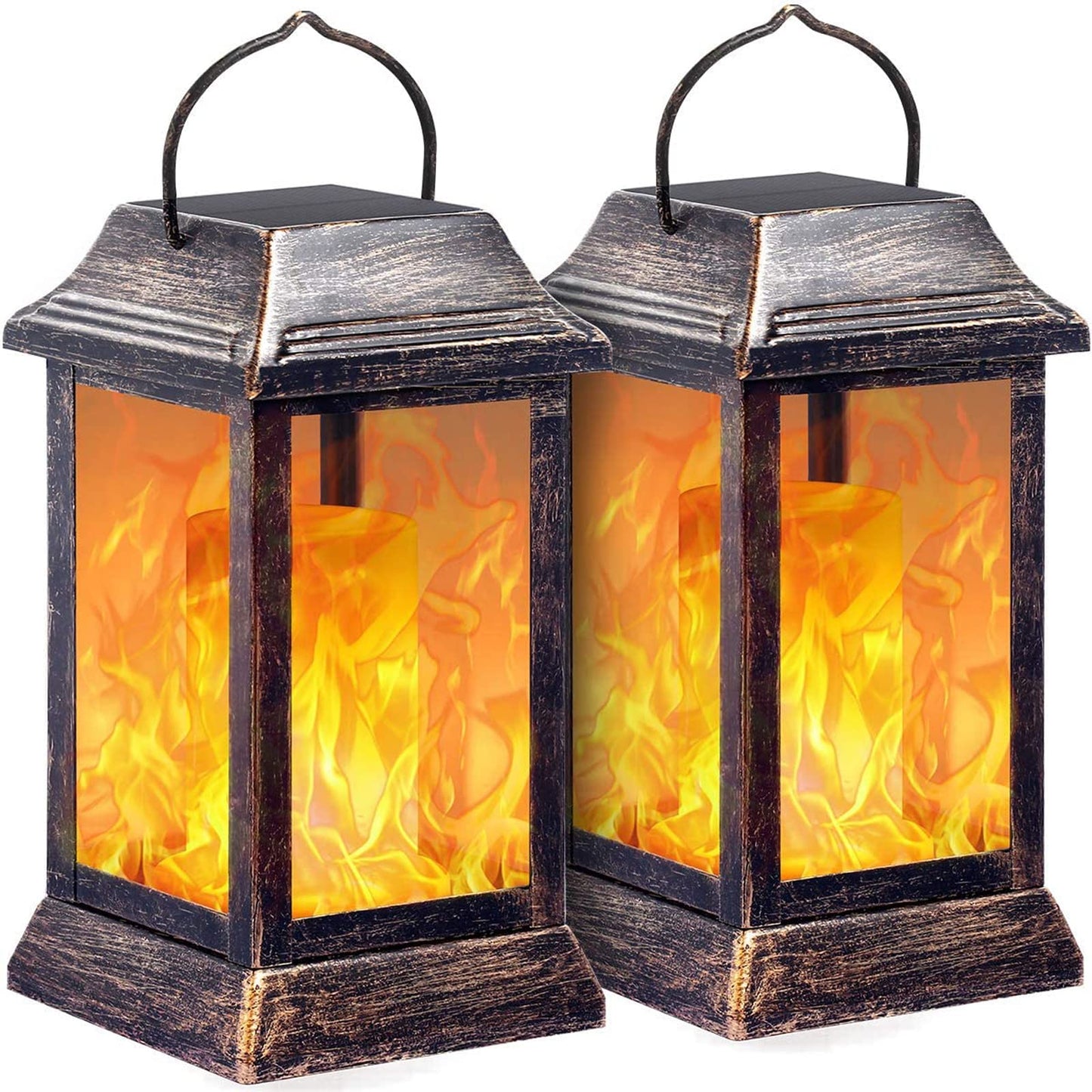 TomCare Solar Lights Metal Flickering Flame Solar Lantern Outdoor Hanging Lanterns Lighting Heavy Duty Solar Powered Waterproof LED Flame Lights