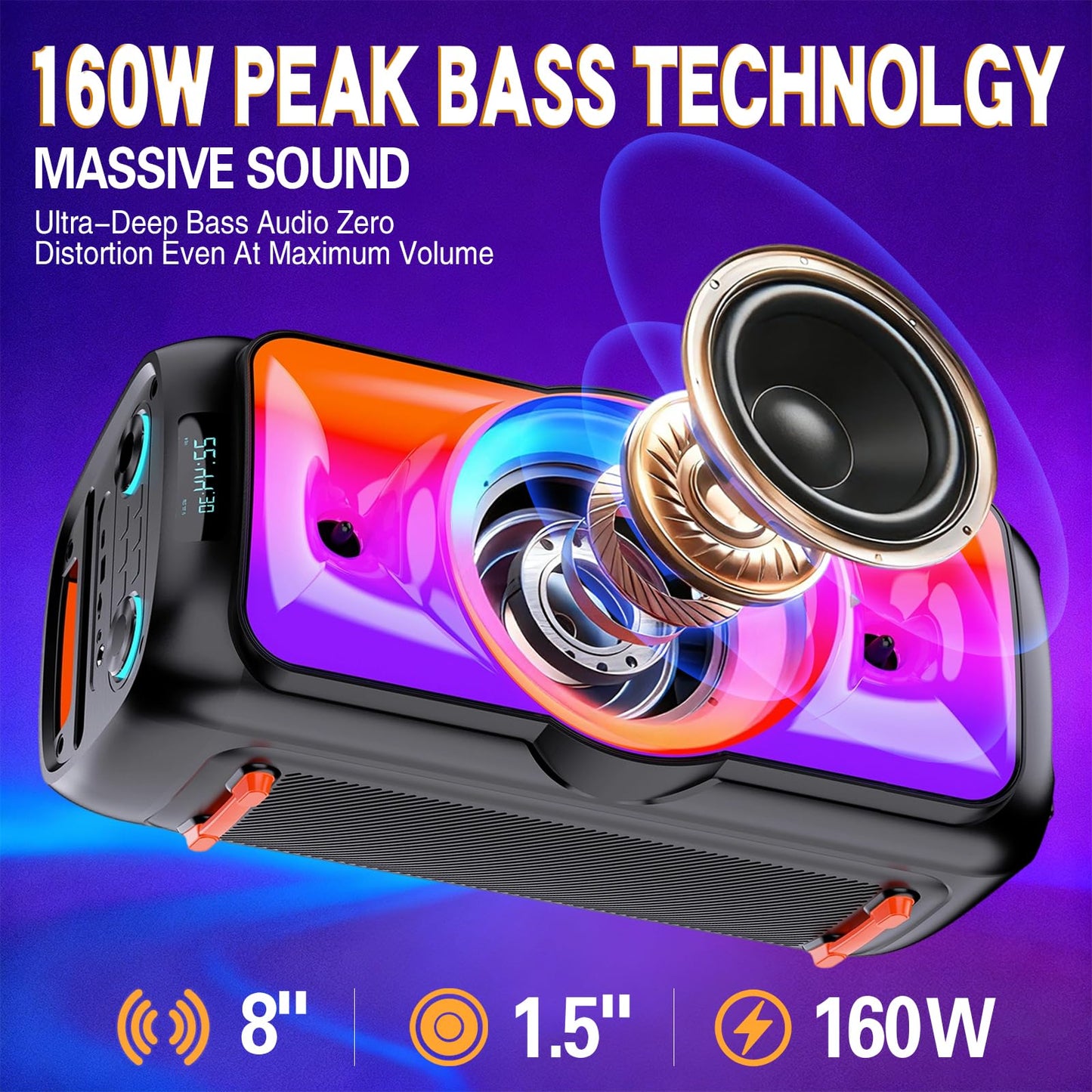 QAU Bluetooth Speaker 160W Peak Large Stero Sound for Outdoor,Deep Bass,TWS,Loud with Lights,Portabe Wireless Big Speakers with Long