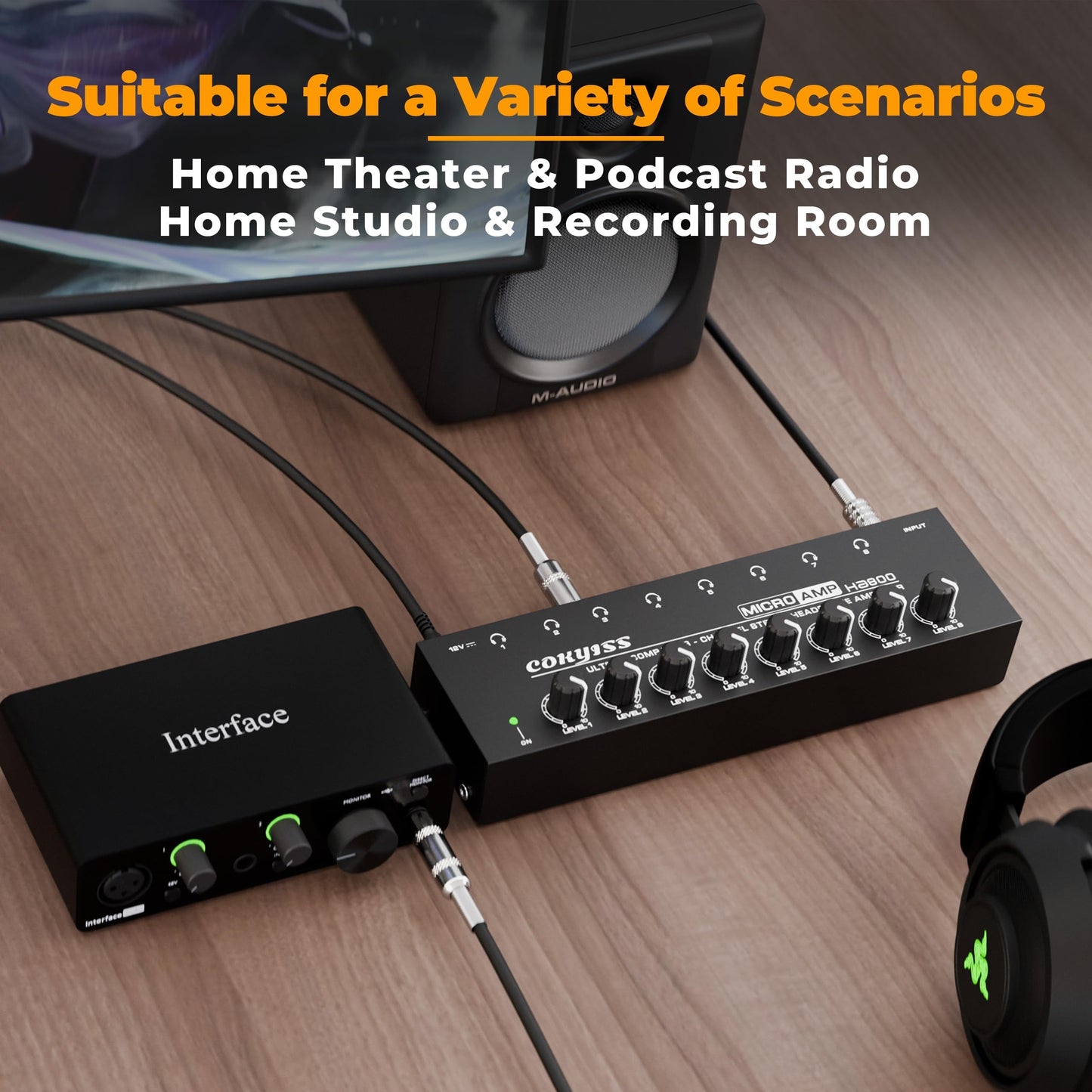 COKYISS® 8-Channel Headphone Amplifier with 9 Adapters - Portable Ultra-Low Noise Multi-Port Stereo Headphone Distributor (8 Output/1 Input)