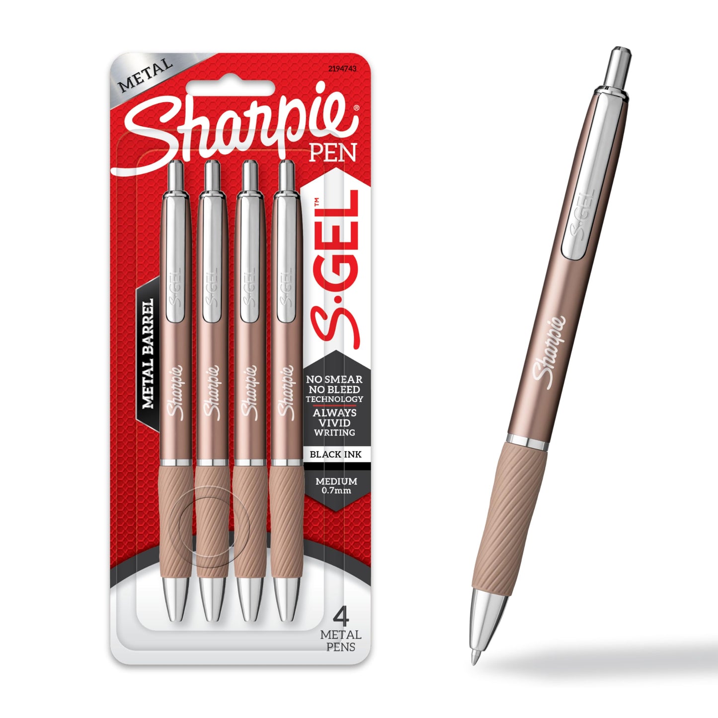 Sharpie S-Gel, Gel Ink Pens, Medium Point (0.7mm), Sleek Metal Barrel, Champagne, Black Ink, 4 Count - Drawing, Journaling, Writing, School, Teacher