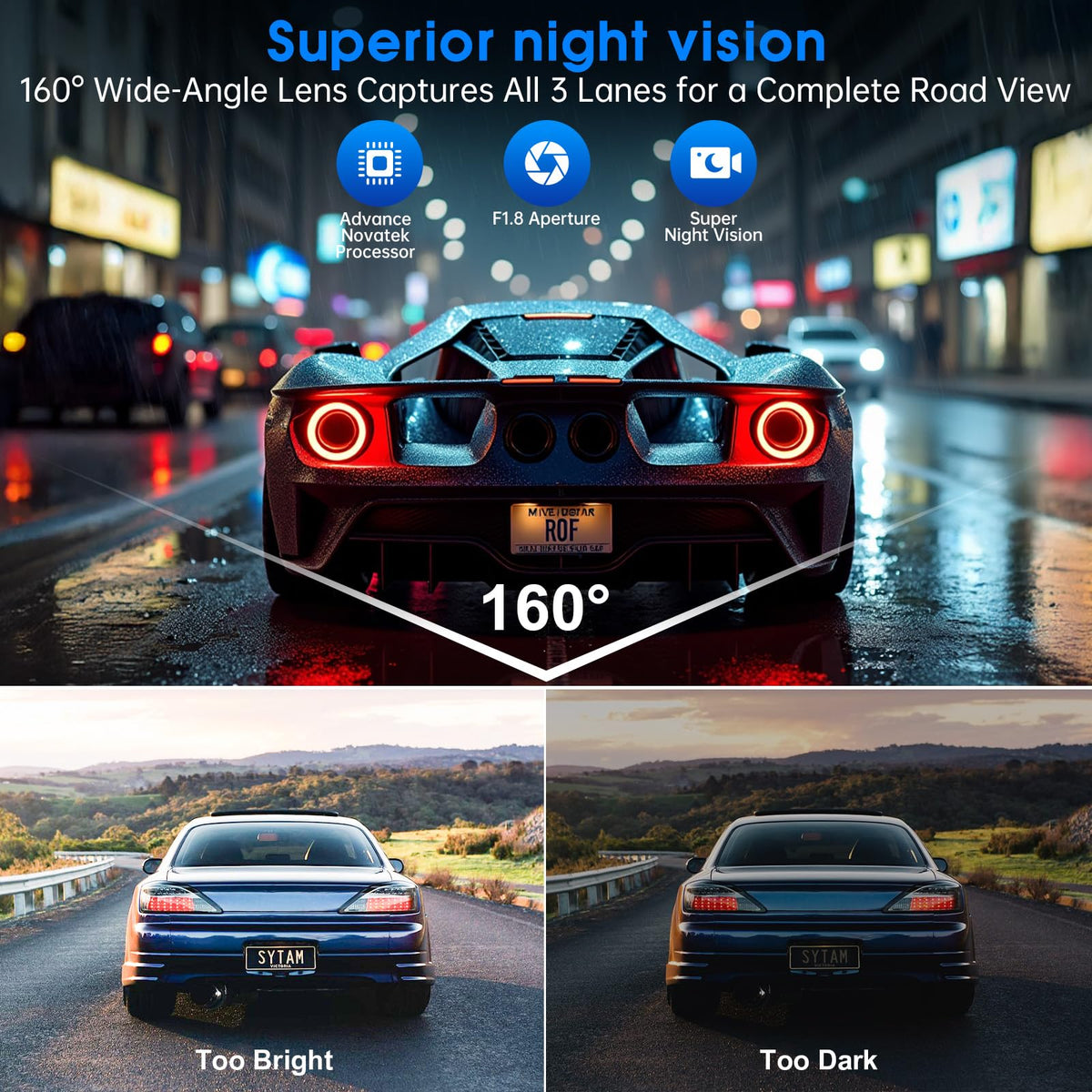 Yonvim Dash Cam 2.5K Front Rear 64GB WiFi GPS 160° Night Vision