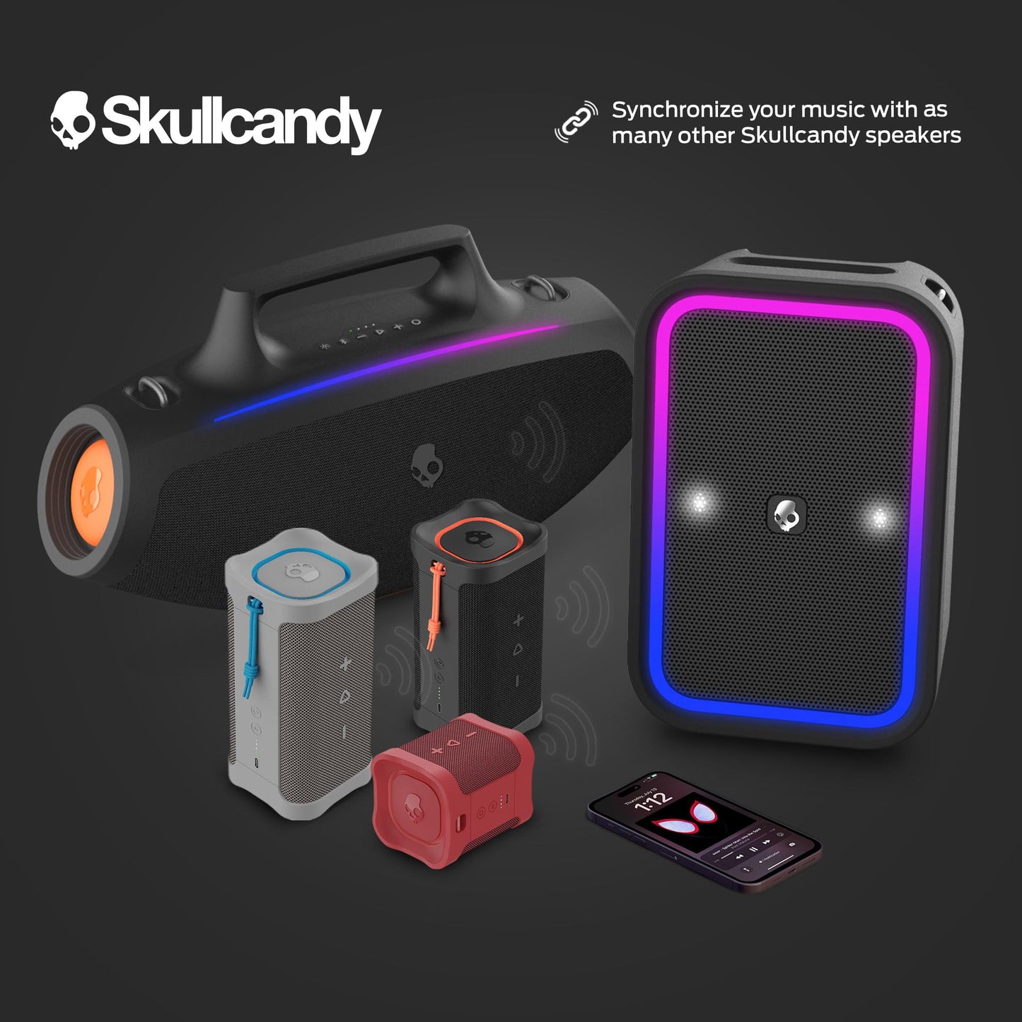 Skullcandy Barrel Bluetooth Boombox Speaker - Water-Resistant Wireless Portable Speaker, with LED Lightshow Mode, 12 Hour Battery, Multi-Link, & USB-C