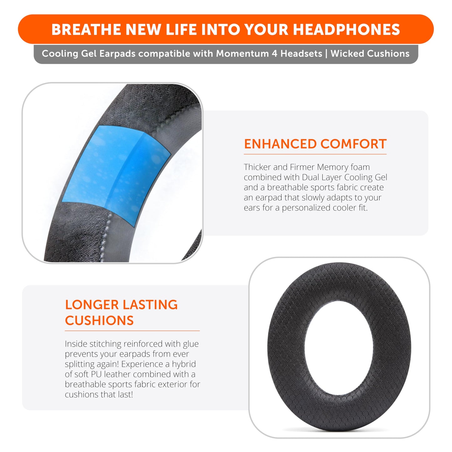 WC Freeze Momentum 4 - Cooling Gel Earpads for Sennheiser Momentum 4 Wireless & HDB 630 Headphones by Wicked Cushions - Boost Comfort, Thickness