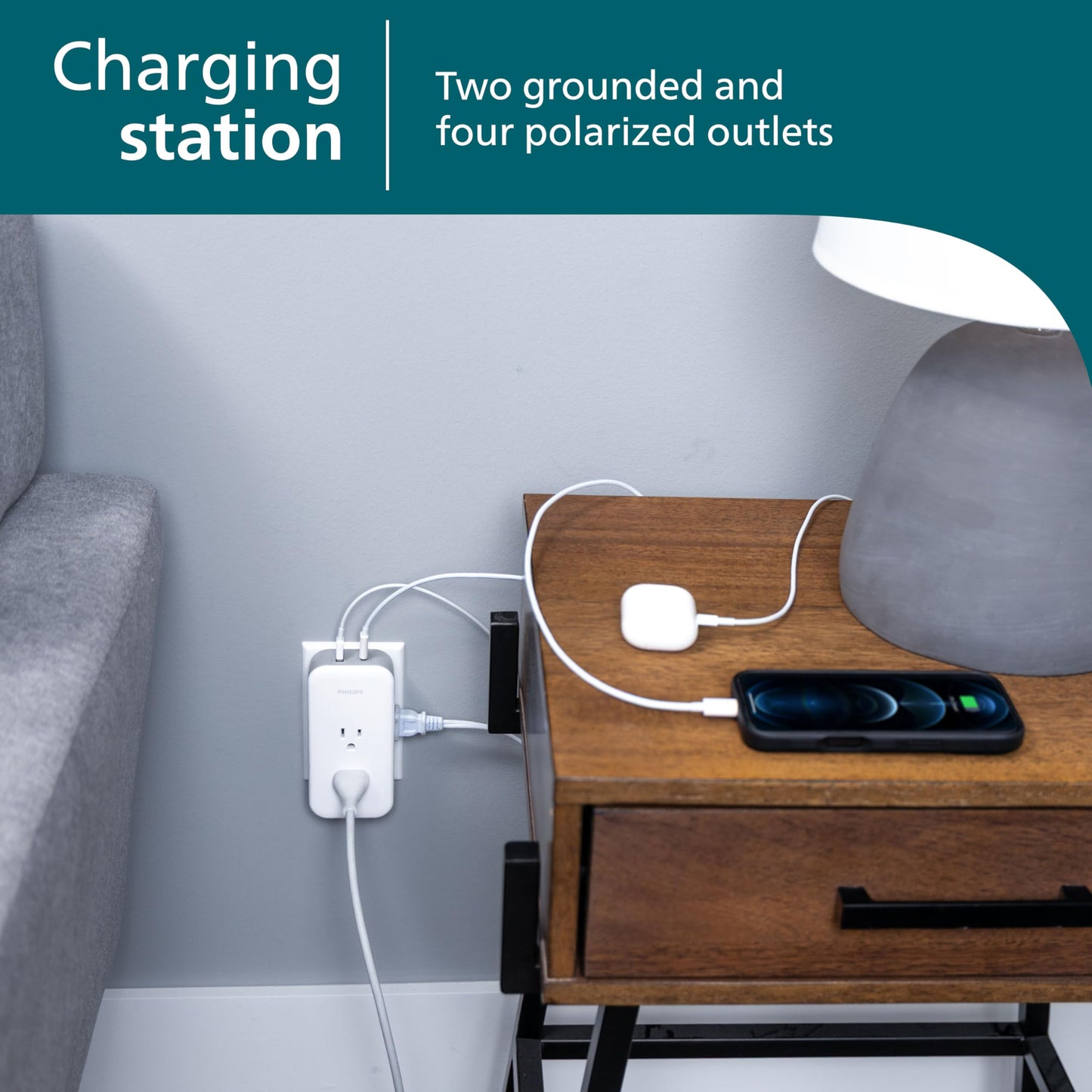 Philips All-in-One Surge Tap with USB, 2 Grounded & 4 Polarized Outlets, 1 USB-C & 1 USB-A Port (15W Shared), 490 Joules, ETL Certified, White/Gray