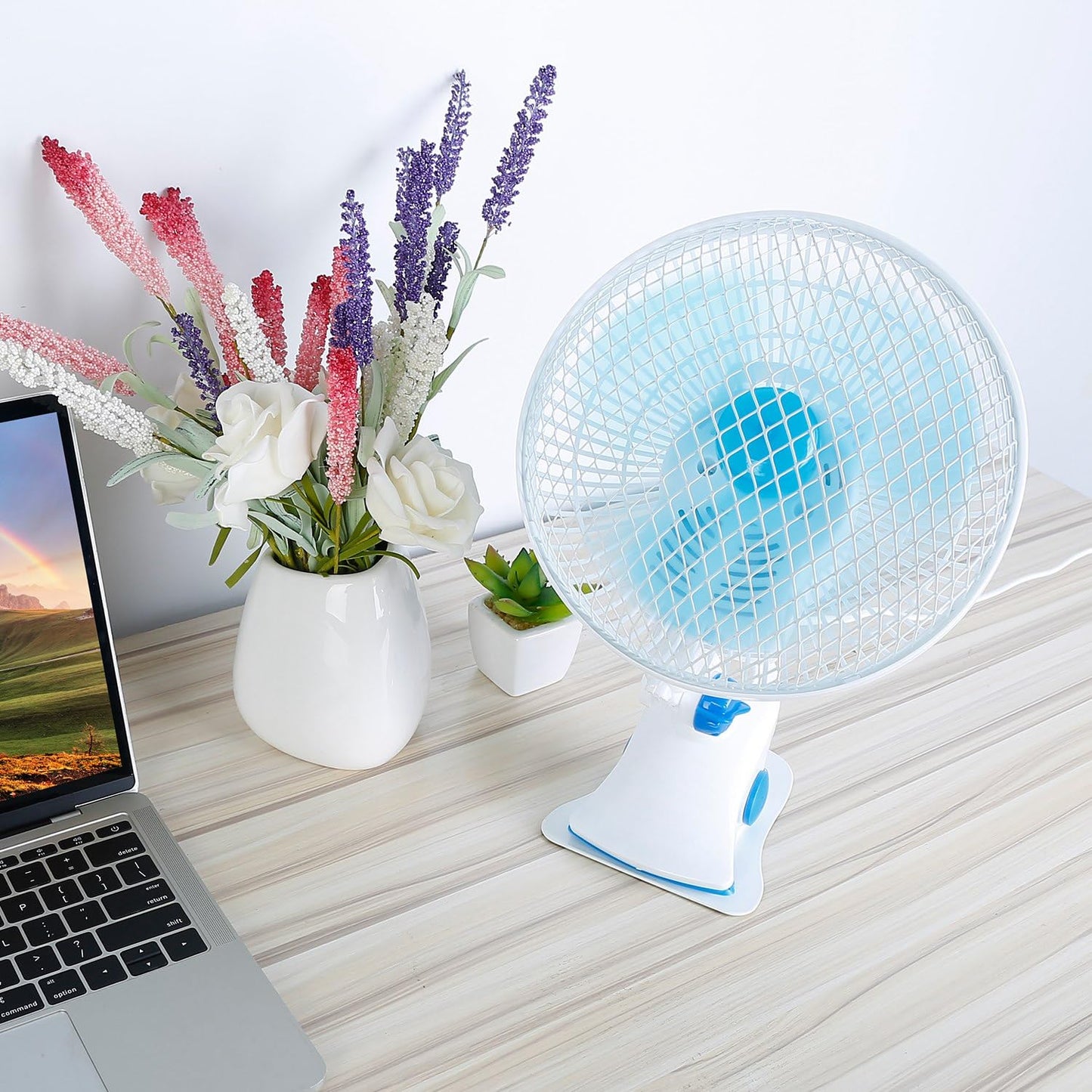 WZONICE98 3-in-1 Clip On Fan Quiet Desk Fan Small Clamp Fan with 2 Speeds and Auto Oscillation 90° Swivel 20W 110V for Office Bedroom Stroller Safe