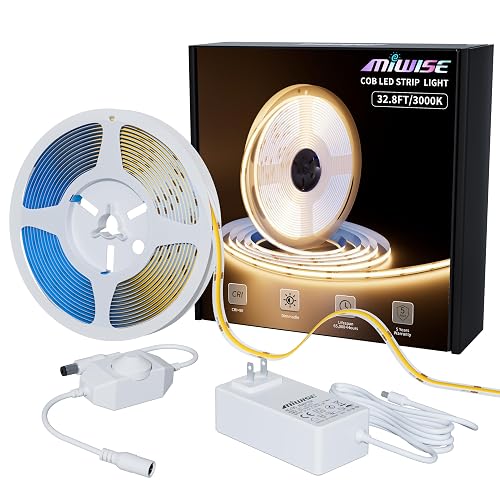 MIWISE COB LED Strip Light 32.8ft/10m,CRI 90+ Warm White 3000K High Lumen Dimmable Super Bright Flexible DC24V LED Tape Light