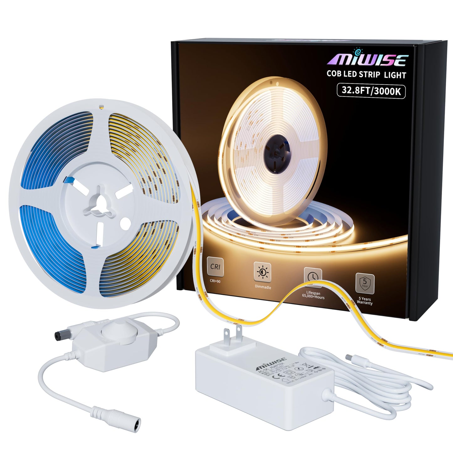 MIWISE COB LED Strip Light 32.8ft/10m,CRI 90+ Warm White 3000K High Lumen Dimmable Super Bright Flexible DC24V LED Tape Light
