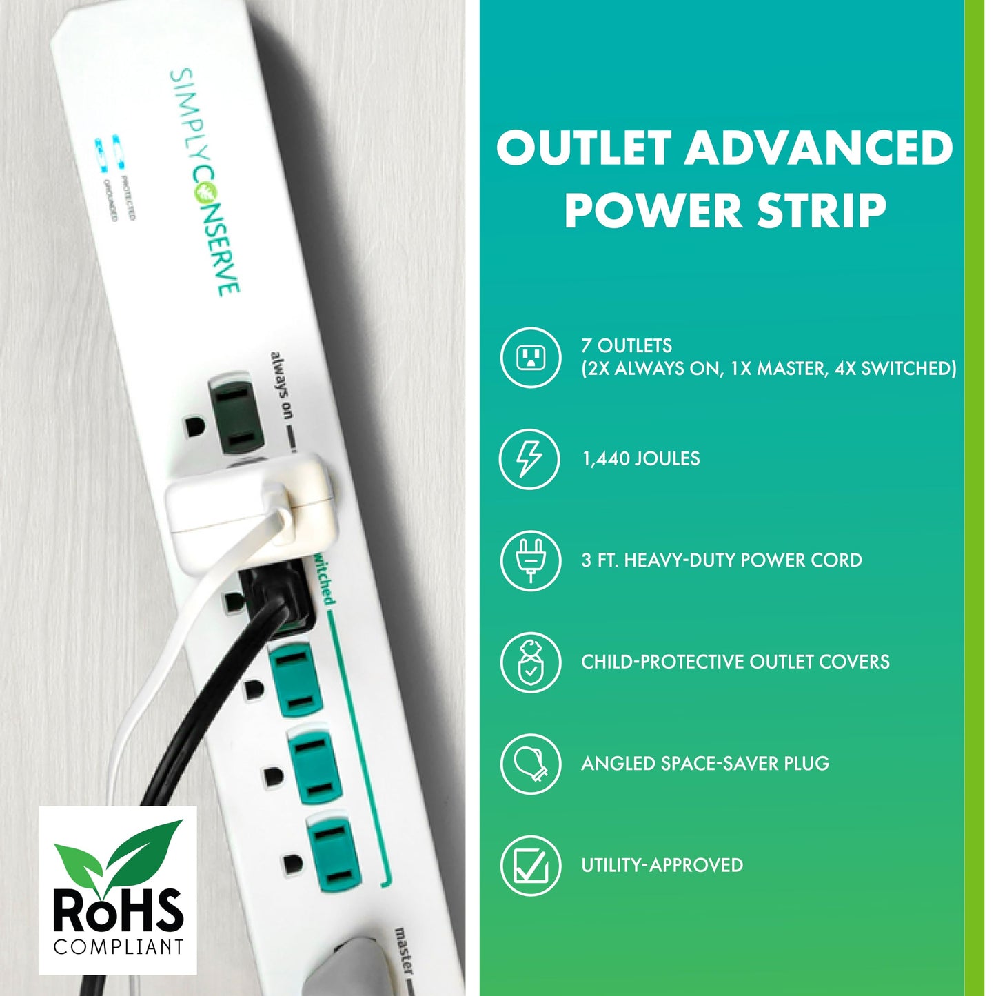 Simply Conserve Advanced Power Strip SC73T1, Surge Protector Outlets, White Power Strip Extension Cord with Multiple Outlets, Power Surge Strip