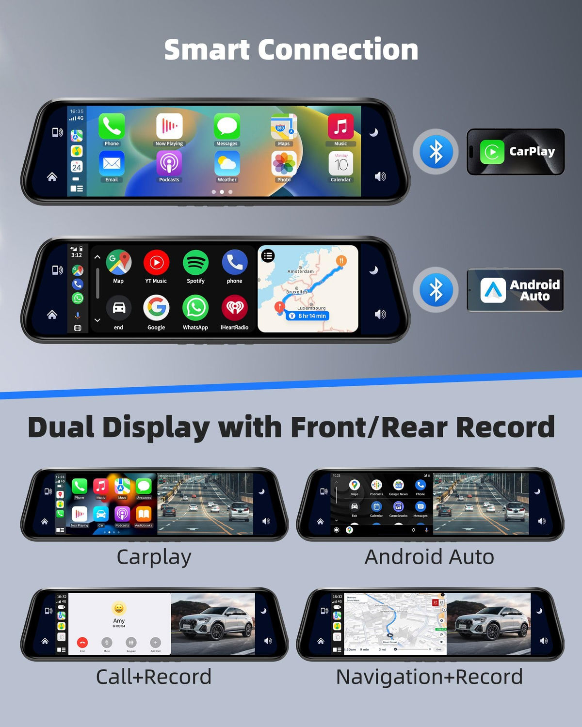 10" Mirror Dash Cam with Android Auto&Carplay 2.5K Rear View Mirror Camera