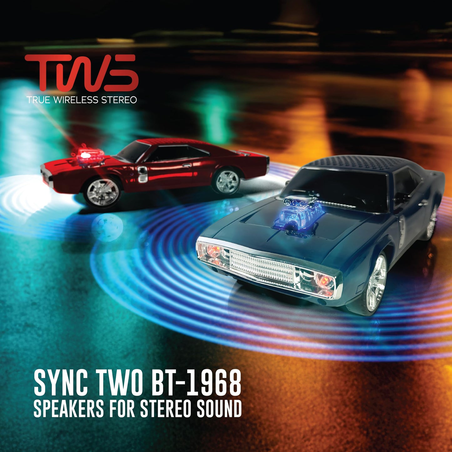 QFX Bluetooth 1968 Retro Muscle Car Replica Speaker, Dual 2-inch Speakers, Hands Free Link, Built-in Microphone, FM Radio and LED Party Lights, Blue