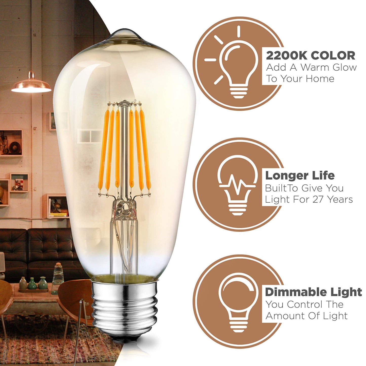 Hudson Vintage LED Edison 6W Bulb Set - 6-Pack 2200K Dimmable Warm Illumination (60W Equivalent) - E26/27 Base, Amber Gold Tint Glass - ST58