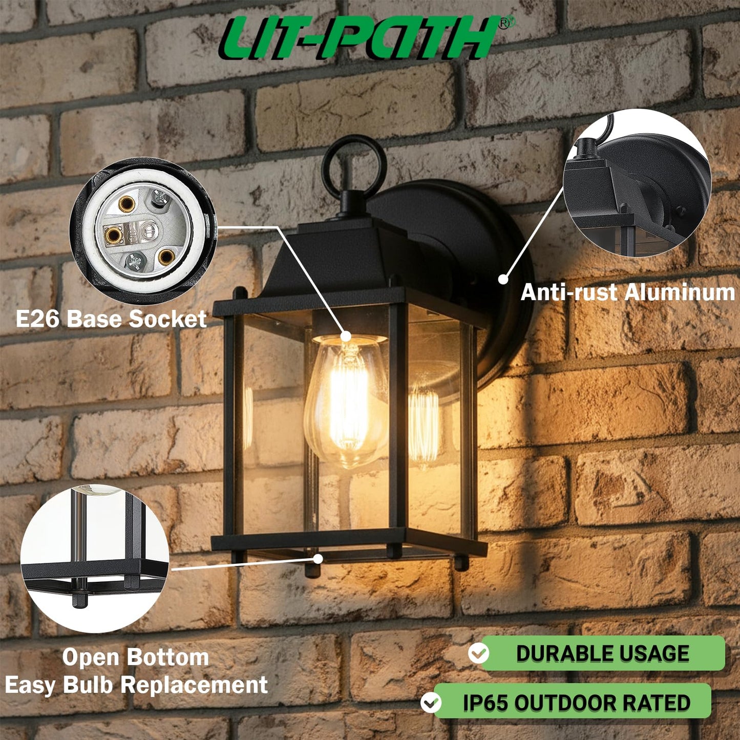 LIT-PaTH Outdoor Wall Lantern, Wall Sconce as Porch Lighting Fixture, E26 Base, Aluminum Housing Plus Glass, Water-Proof and Outdoor Rated, ETL