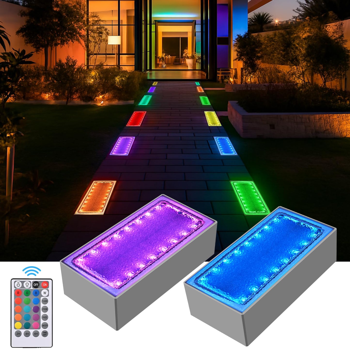 Solar Paver Color Changing Lights, 8x4 Solar Pavers Light Outdoor, Recessed Brick Pathway Lights, IP67 Waterproof Landscape Lighting