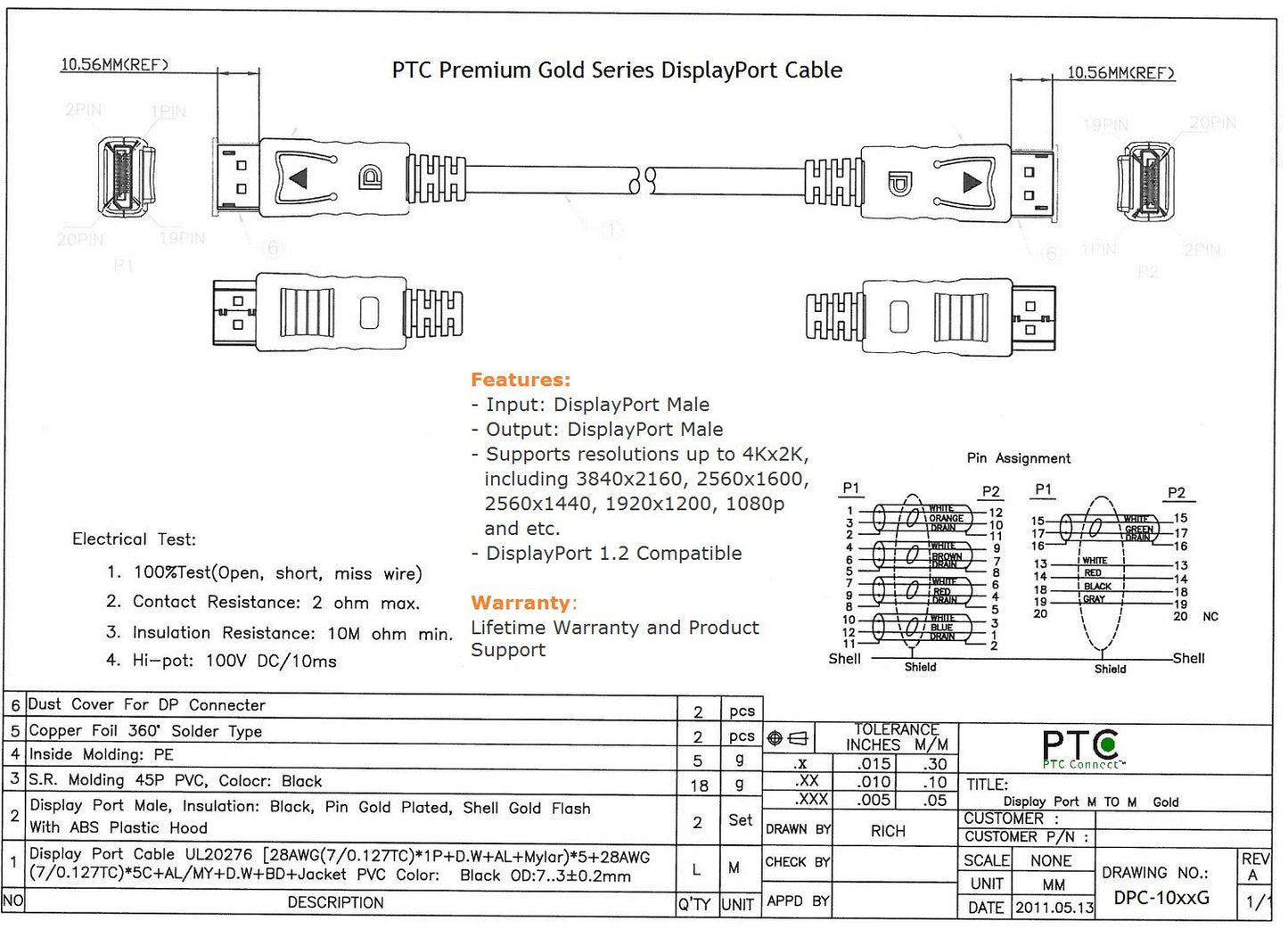 PTC® Gold Series 28 AWG DisplayPort to DisplayPort M/M Cable, 10'