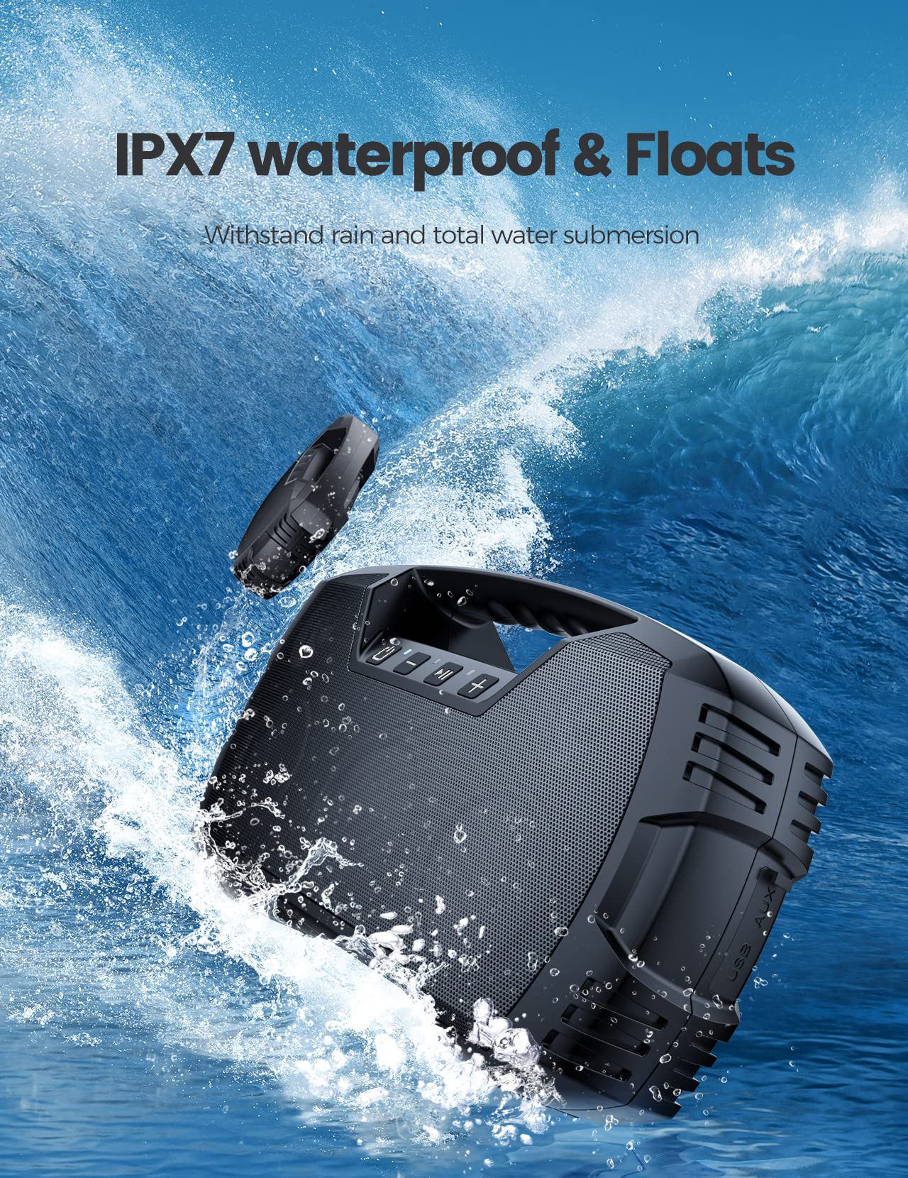 IPX7 Waterproof Bluetooth Speaker Wireless, 60W Peak, 32H Playtime Floating Portable Speakers Deep Bass Loud Stereo Sound with Handle, Rugged