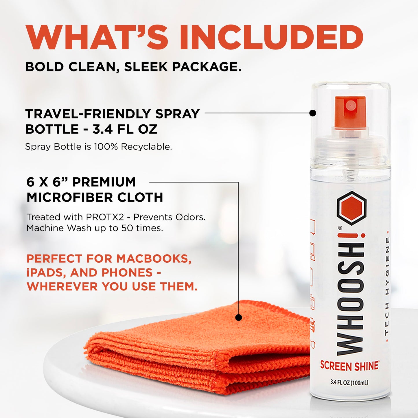 WHOOSH! Screen Shine Go XL - 3.4 fl oz with Microfiber Cloth - Powerful Streak-Free Screen Cleaner Spray and Wipe for MacBook, Laptop, Car, Eyeglasses