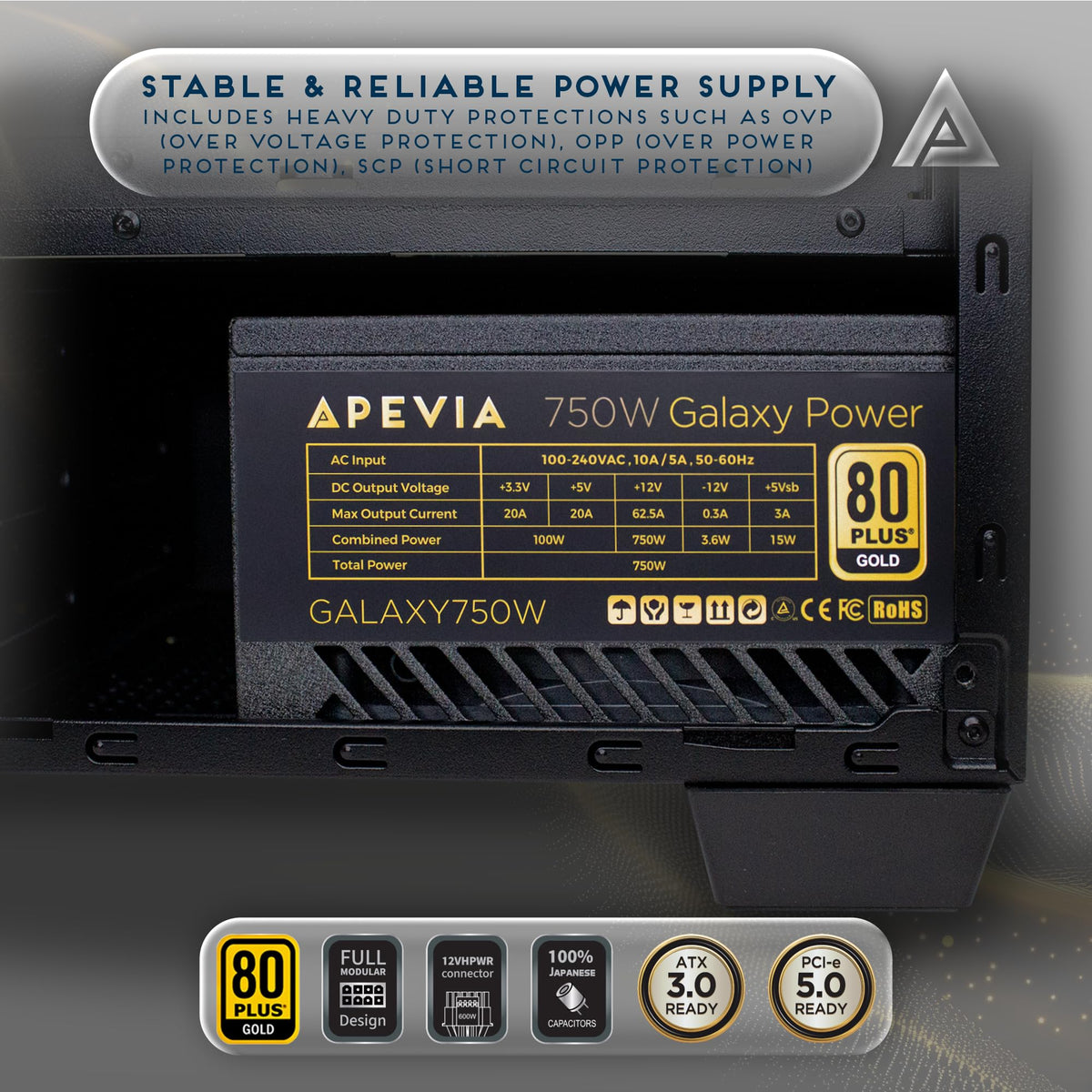 Apevia Galaxy 750W 80+ Gold ATX 3.1 Fully Modular Gaming Power Supply, PCIe 5.1 Ready 16-Pin 12VHPWR PSU, 100% Japanese Capacitors, Silent 135mm FDB