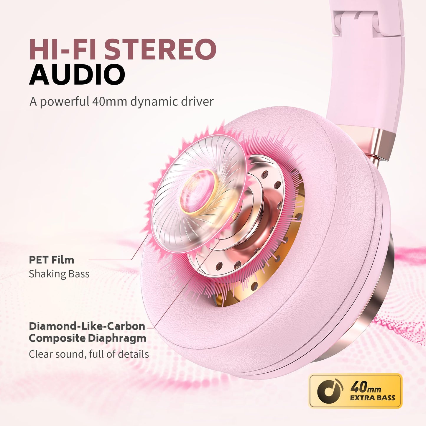 COOSII Wired Over-Ear Headphones Pink with Mic for School Work, 3.5mm Jack