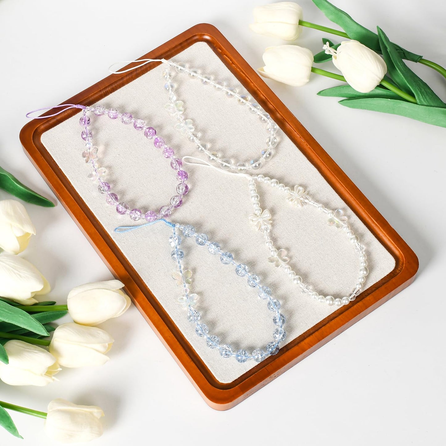 NUANJUYU 2PCS Handmade Beaded Phone Strap, Crystal Butterfly Bow Pearl Phone Lanyard Wristlet Keychain for Women?Crystal White?