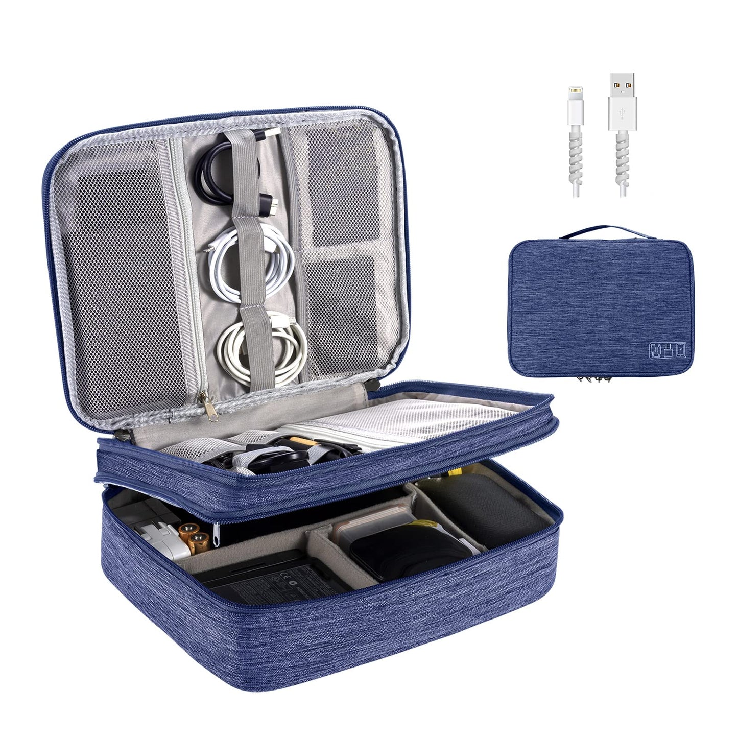 OrgaWise Electronic Accessories Bag Travel Cable Organizer Three-Layer for iPad Mini, Kindle, Hard Drives, Cables, Chargers (Three-Layer-Navy)