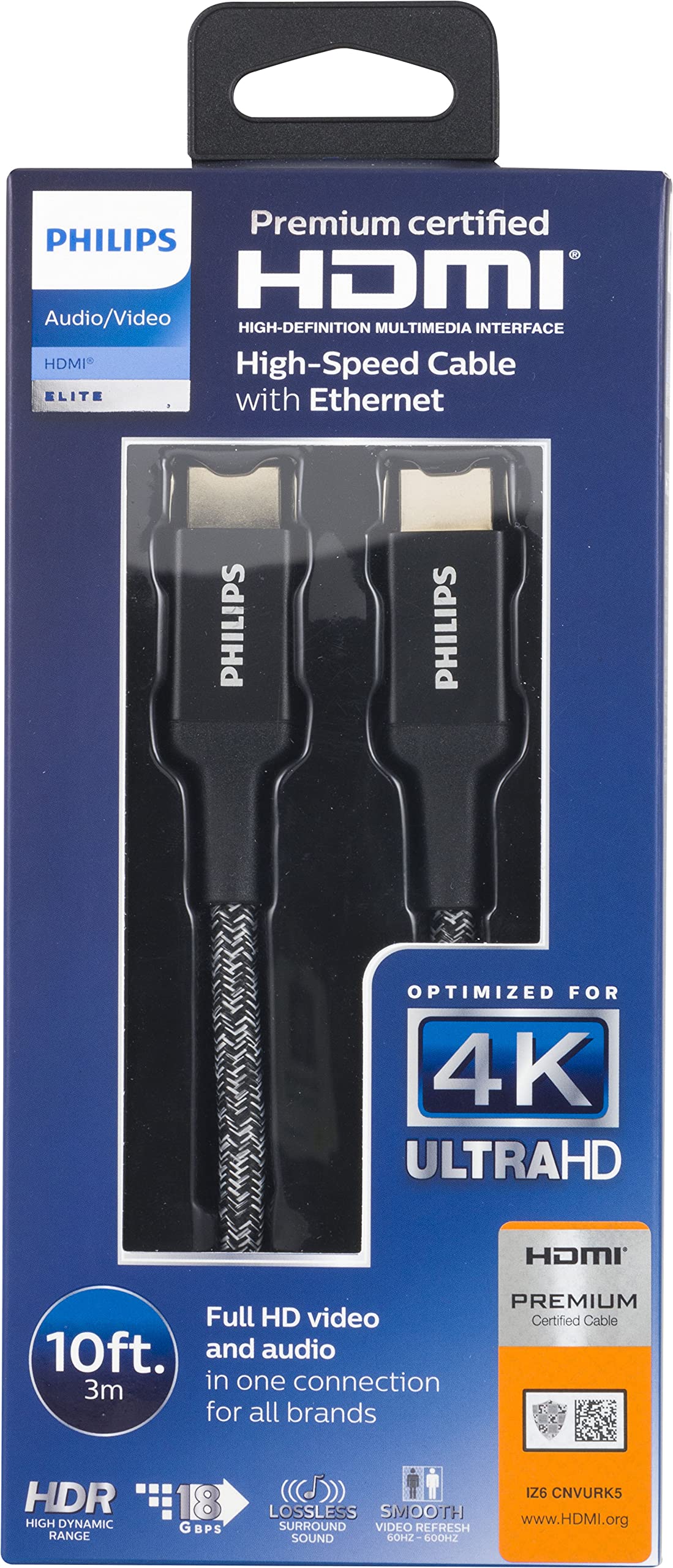 Philips Elite Premium Certified High-Speed HDMI Cable with Ethernet, 10 ft. 1080p 120Hz 4K 60Hz, 18Gbps, for TV, Monitor, Laptop, PS5, Xbox One X S