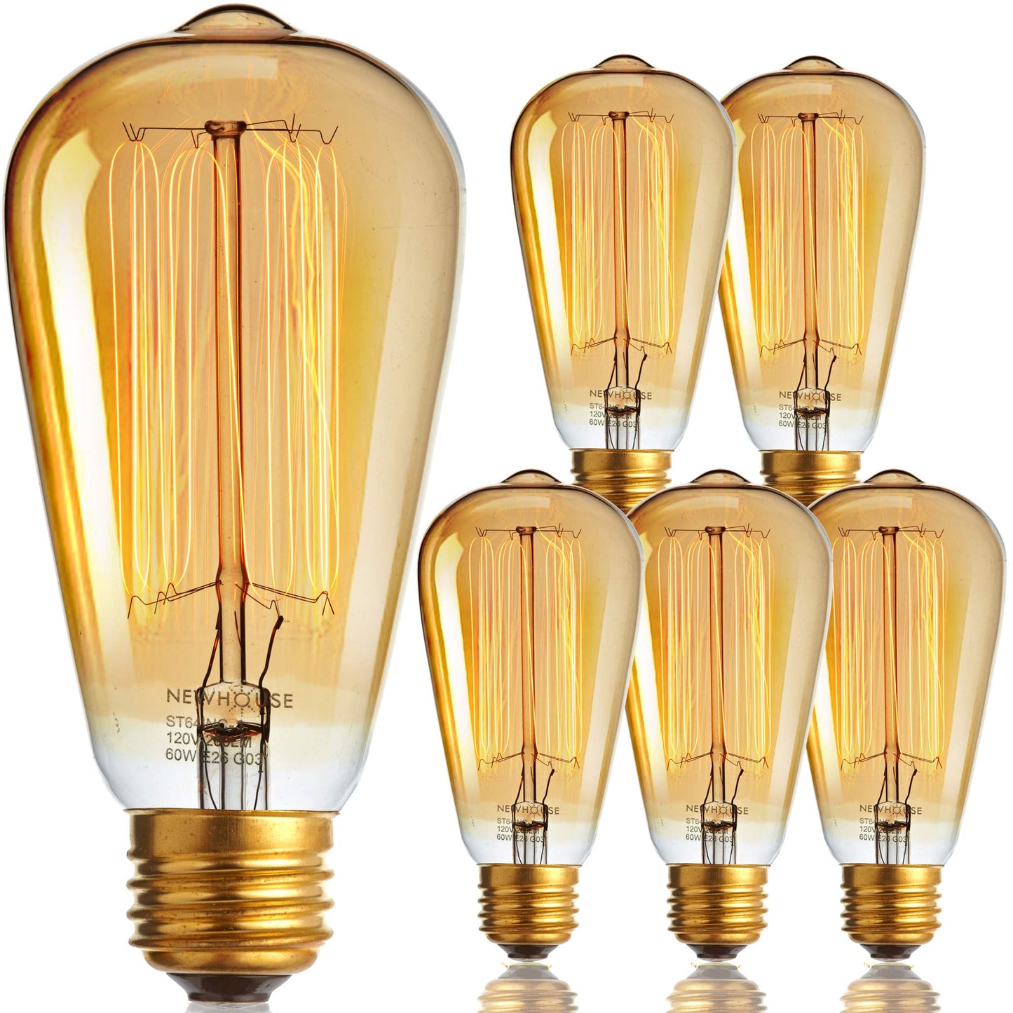 Newhouse Lighting ST64INC-6 ST64 Vintage Light Bulb 6-Pack Edison Bulbs-ST64 Style 60 Watts-Dimmable, Medium (E26) Standard Base E27-Squirrel Cage