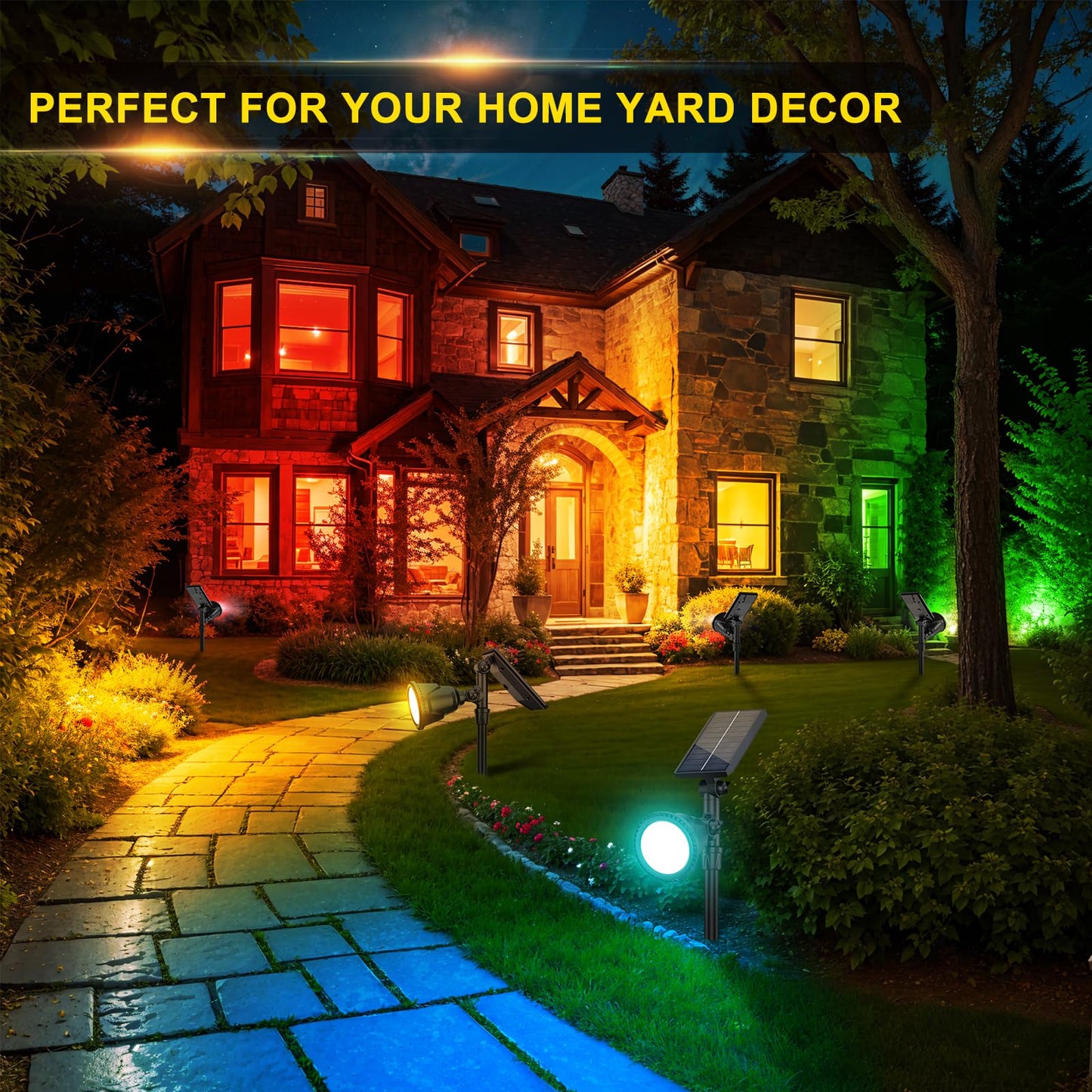 ROSHWEY Solar Spot Lights Outdoor, 7 Colors Halloween Christmas Outdoor Lights Waterproof Landscape Light 600LM Solar Spotlight Lighting for House