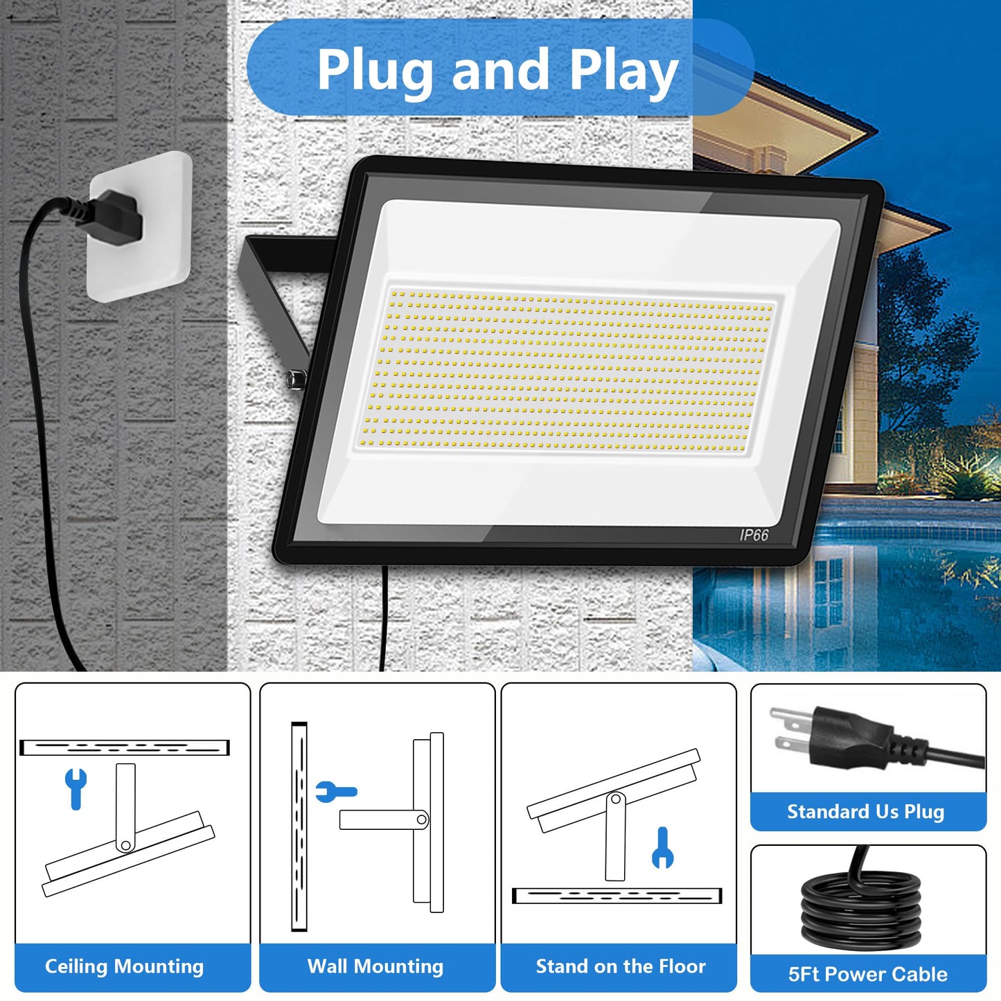 Gopretty 500W Warm White LED Flood Lights Outdoor 2 Pack, 55000LM Super Bright Security Lights with Plug, Commercial Arena Lighting for Yard Court
