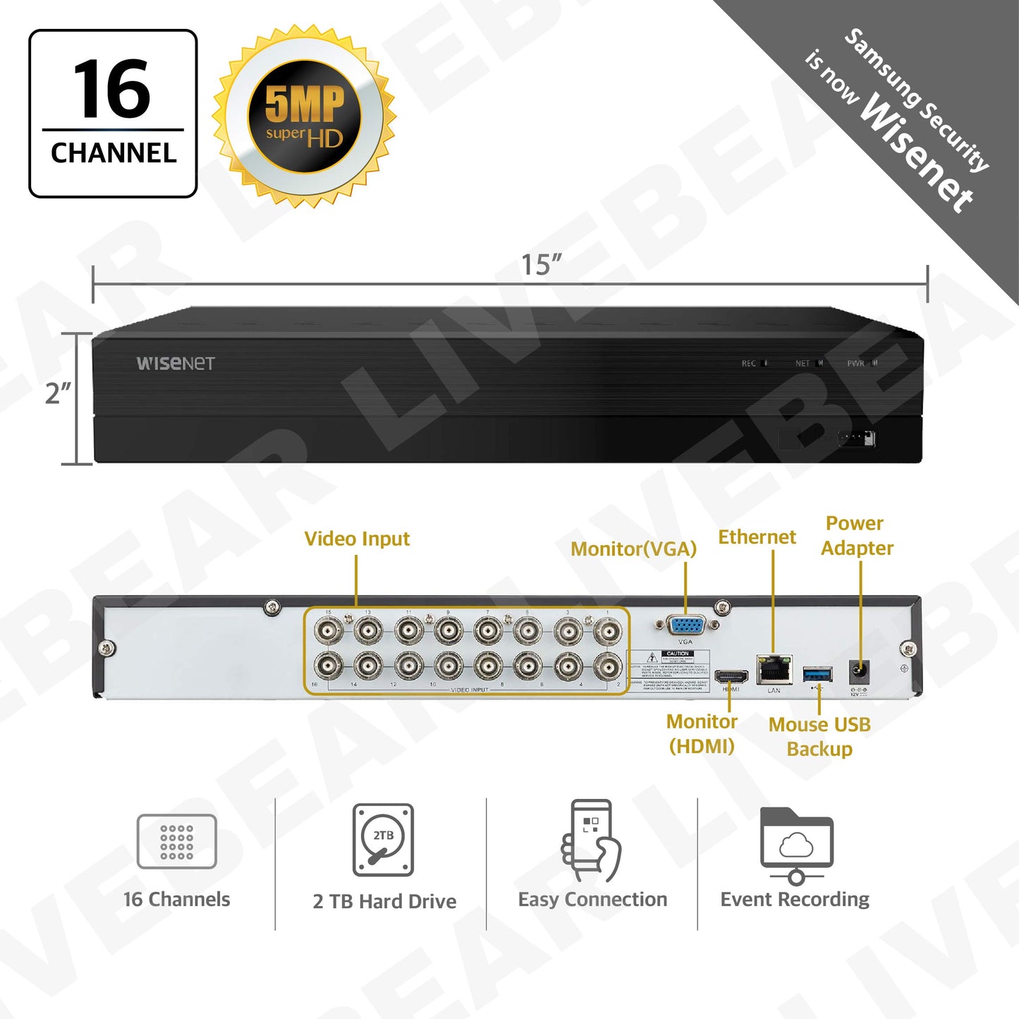 Wisenet SDR-853072T 16 Channel Super HD Video Security DVR with 2TB Hard Drive (SDR-853052T)