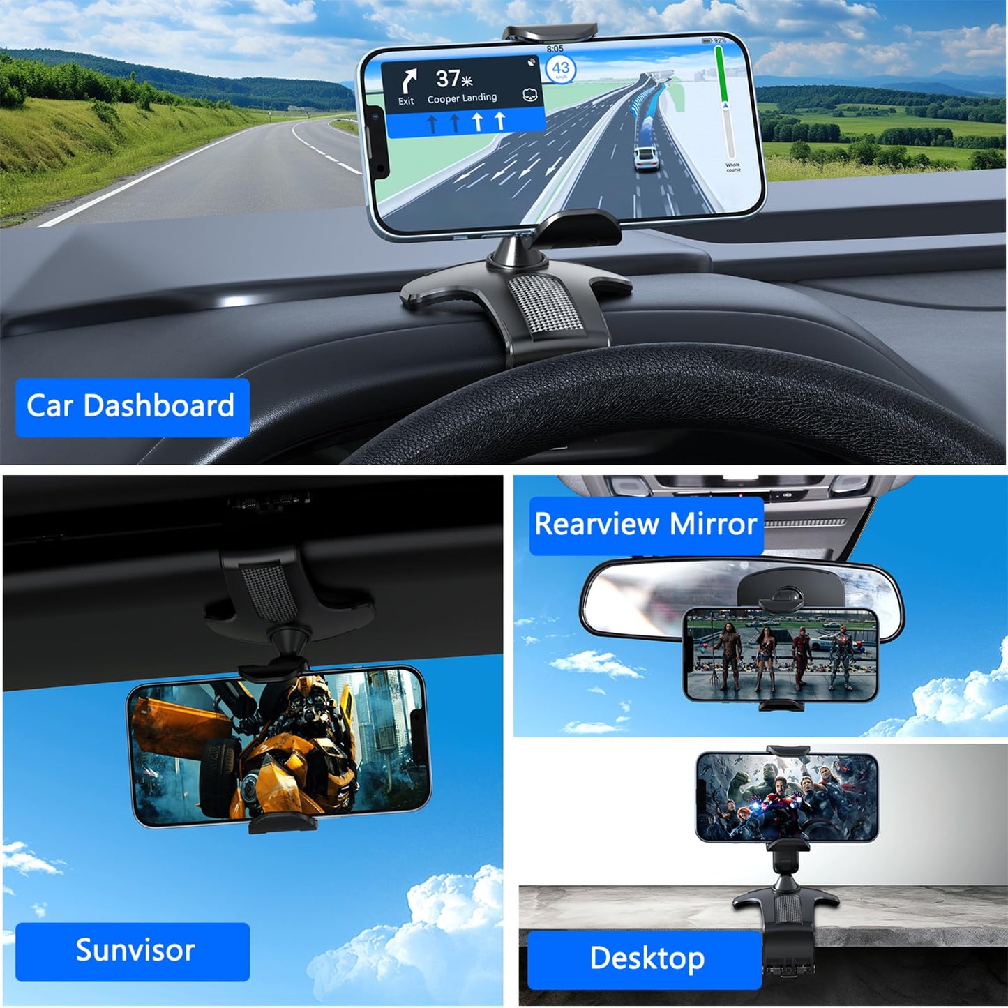 RIEMKSL Car Dashboard Phone Clip Holder, 360° Rotating Dash Steering Wheel Cell Phone Clamp Mount Stand Compatible with 4-7 Inch Smartphones (Black)