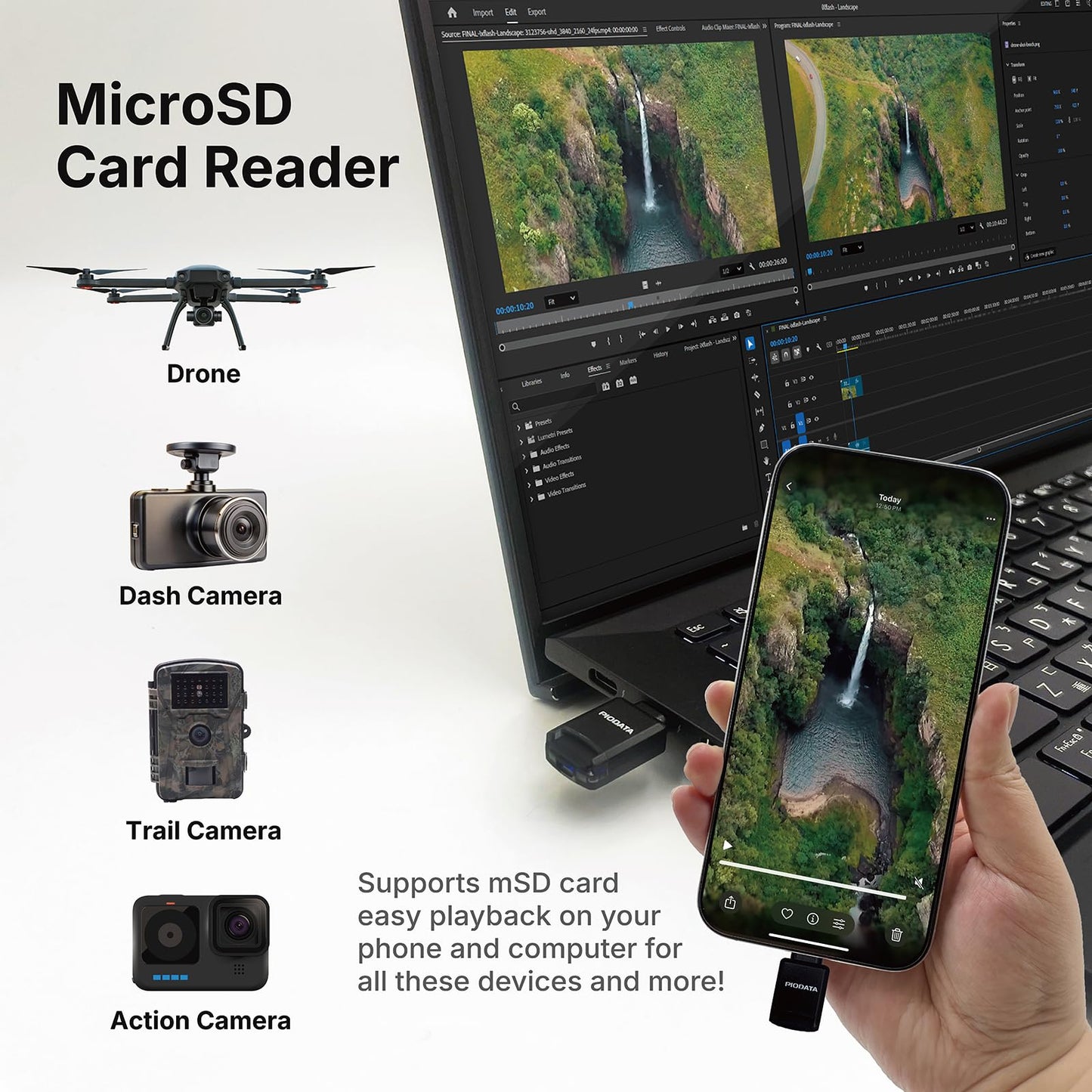 Piodata Micro SD Card Reader for iPhone 17/16/15, iPad, Android, Mac, PC, Laptop, USB C Memory Card Reader adapter, Auto Photo Backup, Apple MFi Photo