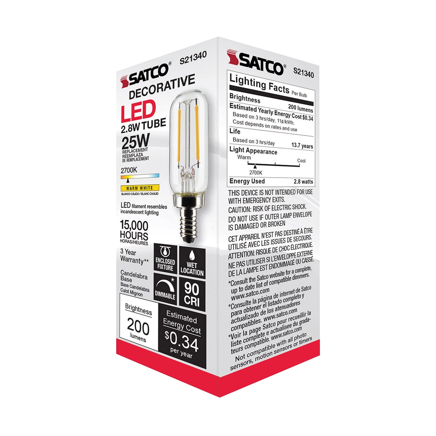 Satco S21340/06 2.8-Watt LED E12 Light Bulbs, 2700K, 15000 Hour Rating, Dimmable, 6 Pack